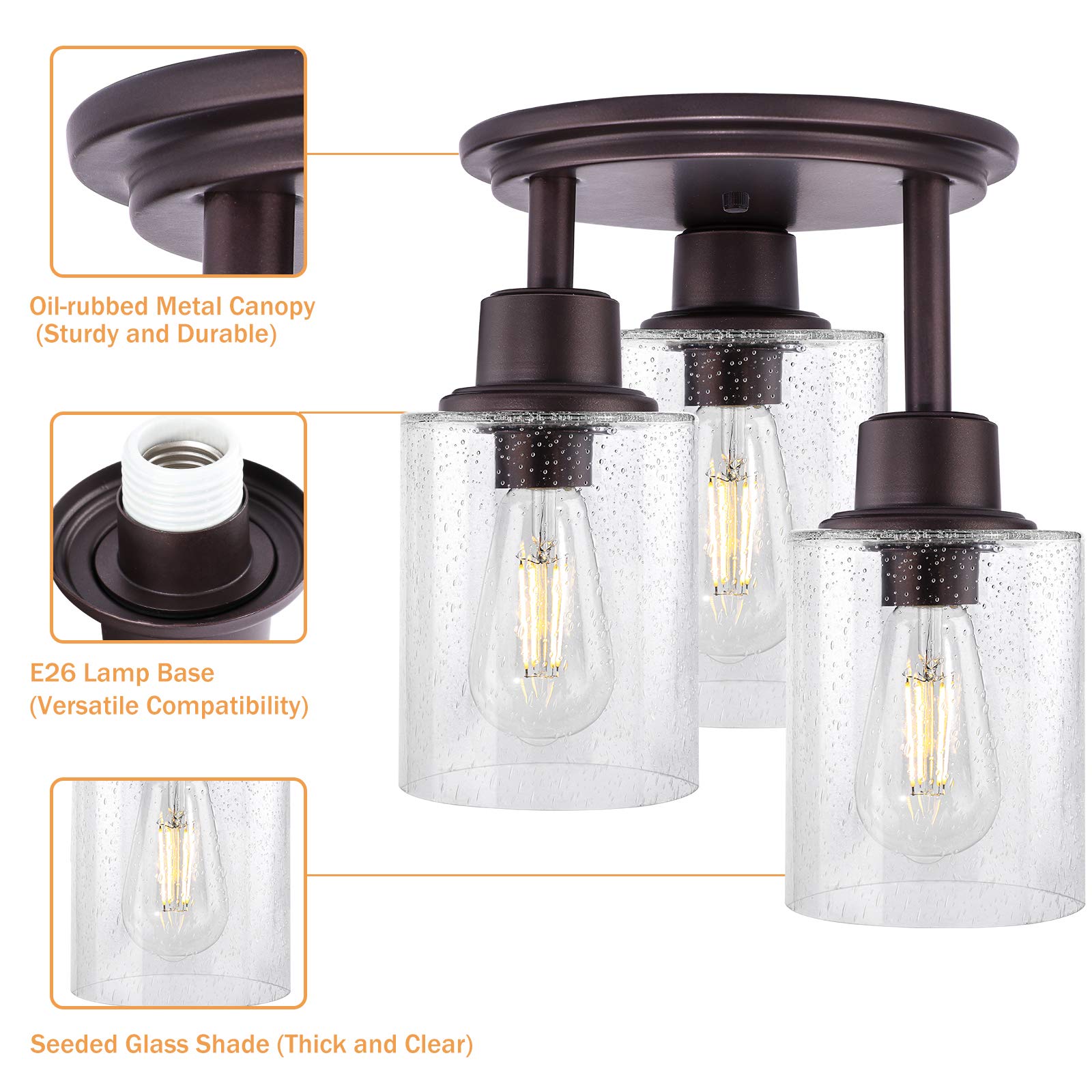 Semi Flush Mount Ceiling Light, 3-Light Close To Ceiling Light Fixtures, Vintage Oil-Rubbed Bronze Finish Kitchen Light Fixture