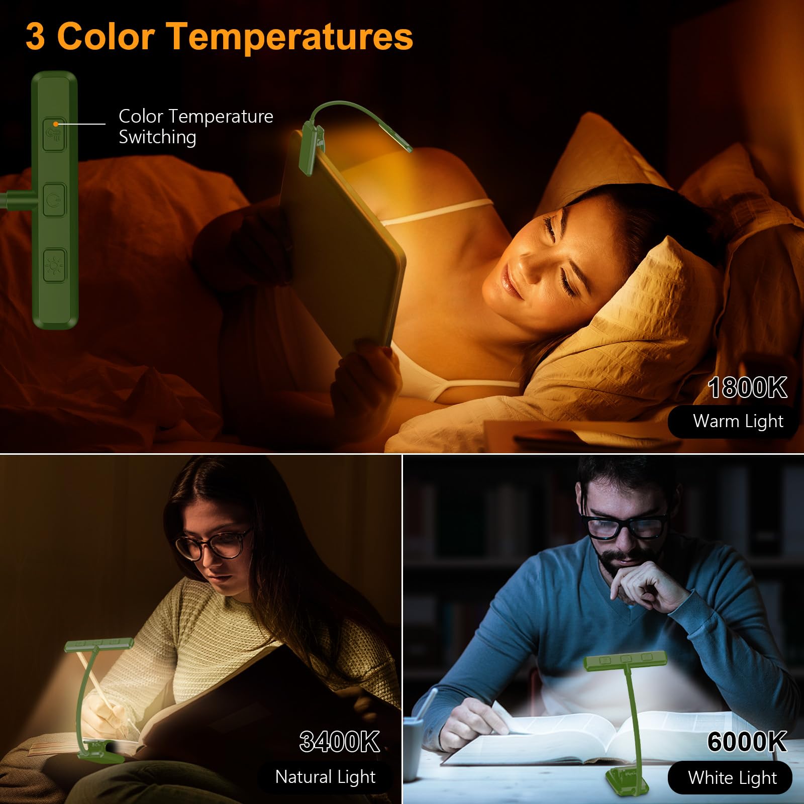 Gritin LED Rechargeable Book Light, 3 Color Temperatures, Stepless Dimming, 80 Hrs Runtime, Clip-On, Dark Green, Model G1326