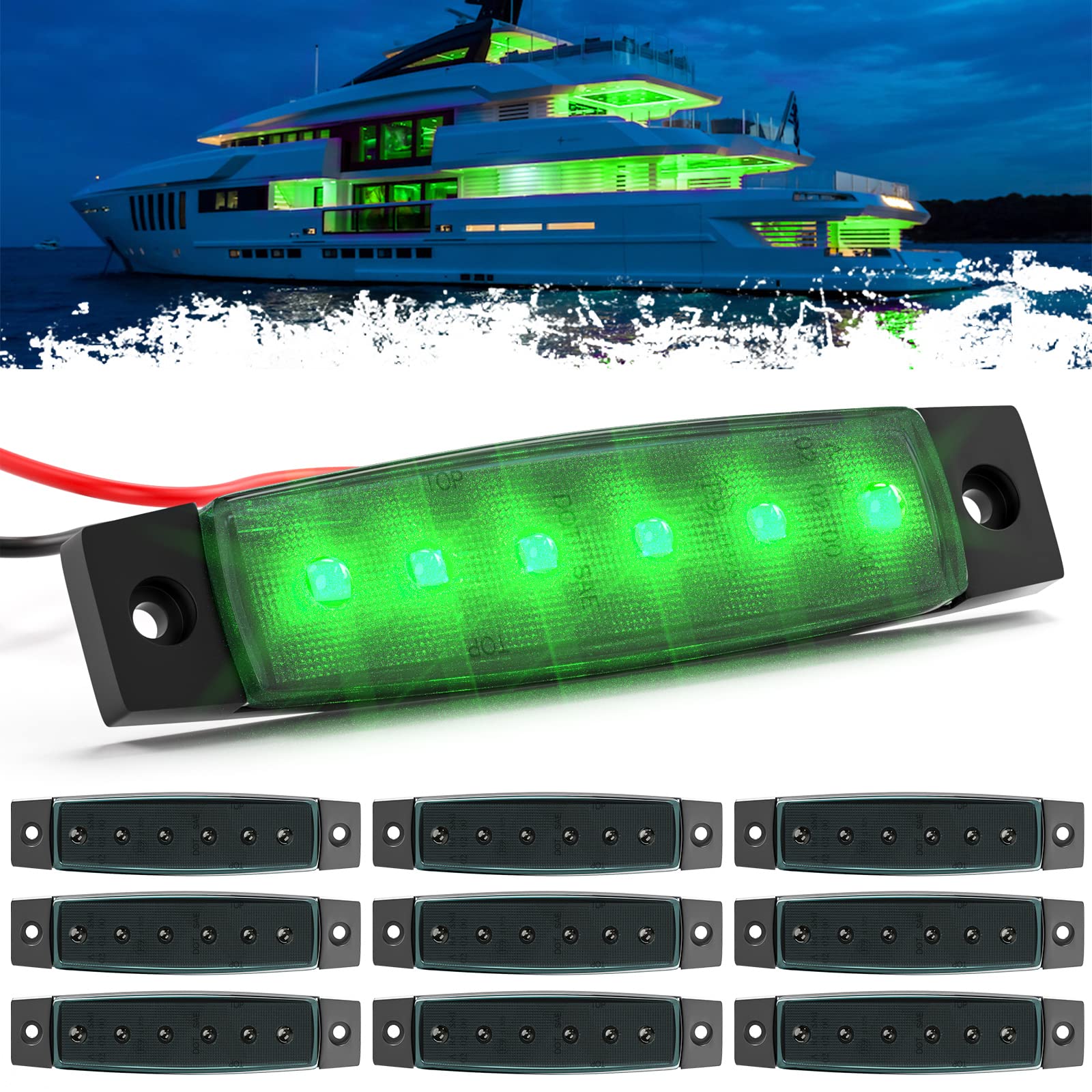 Pseqt Led Boat Navigation Lights Marine Interior Courtesy Light Strip Deck Transom Cockpit Lighting 3.8'' 6Led 12V Waterproof Lamp W/Smoked Lens For Fishing Pontoon Kayak Yacht Sailboat (Green 10Pcs)