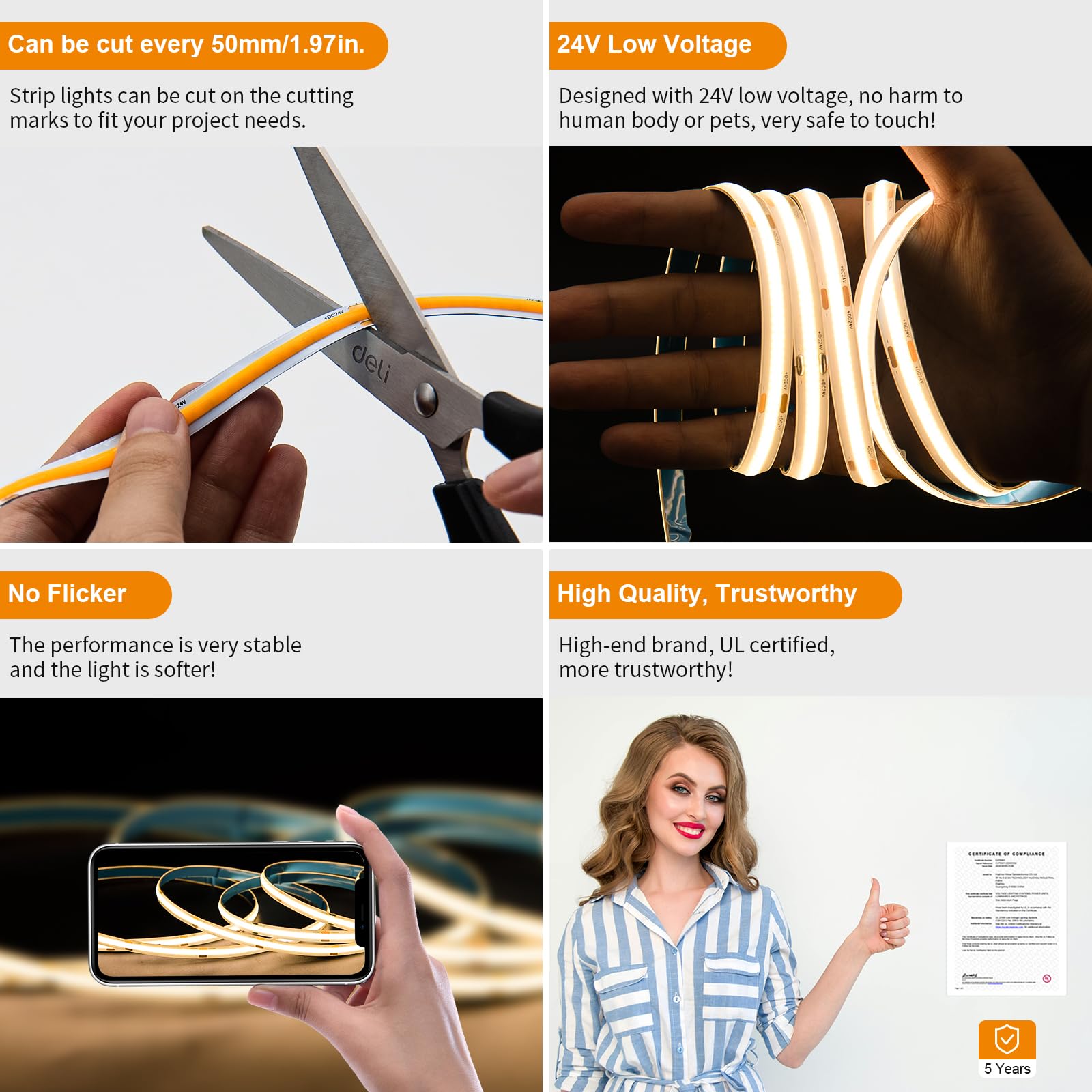 Pautix Cob Led Strip Light 16.4Ft/5M 2400Leds Warm White 2700K,Cri93+ Super Bright High Lumen,Dimmable 24V Flexible Led Tape Lig