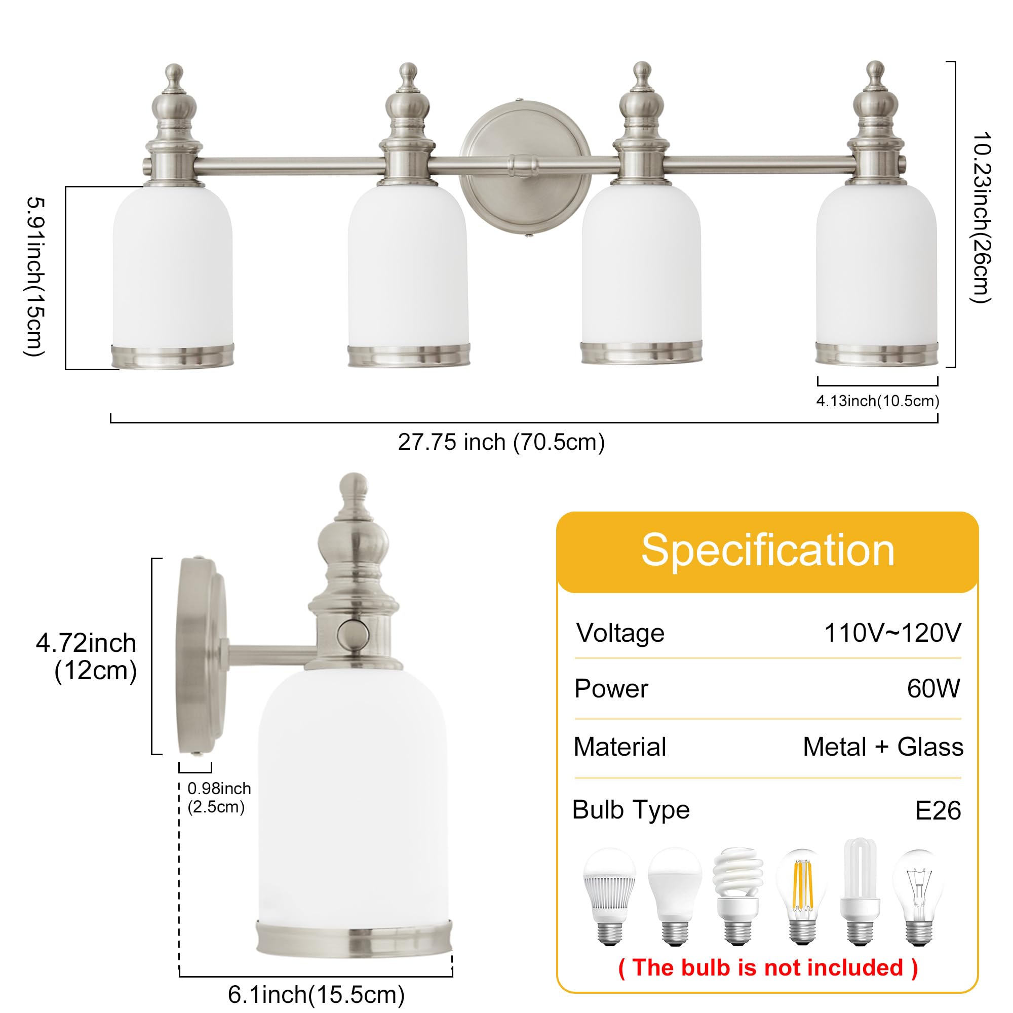 Lanmate Bathroom Light Fixtures, 4 Light Brushed Nickel Bathroom Vanity Light Over Mirror With Milk Glass Shade Modern Wall Scon