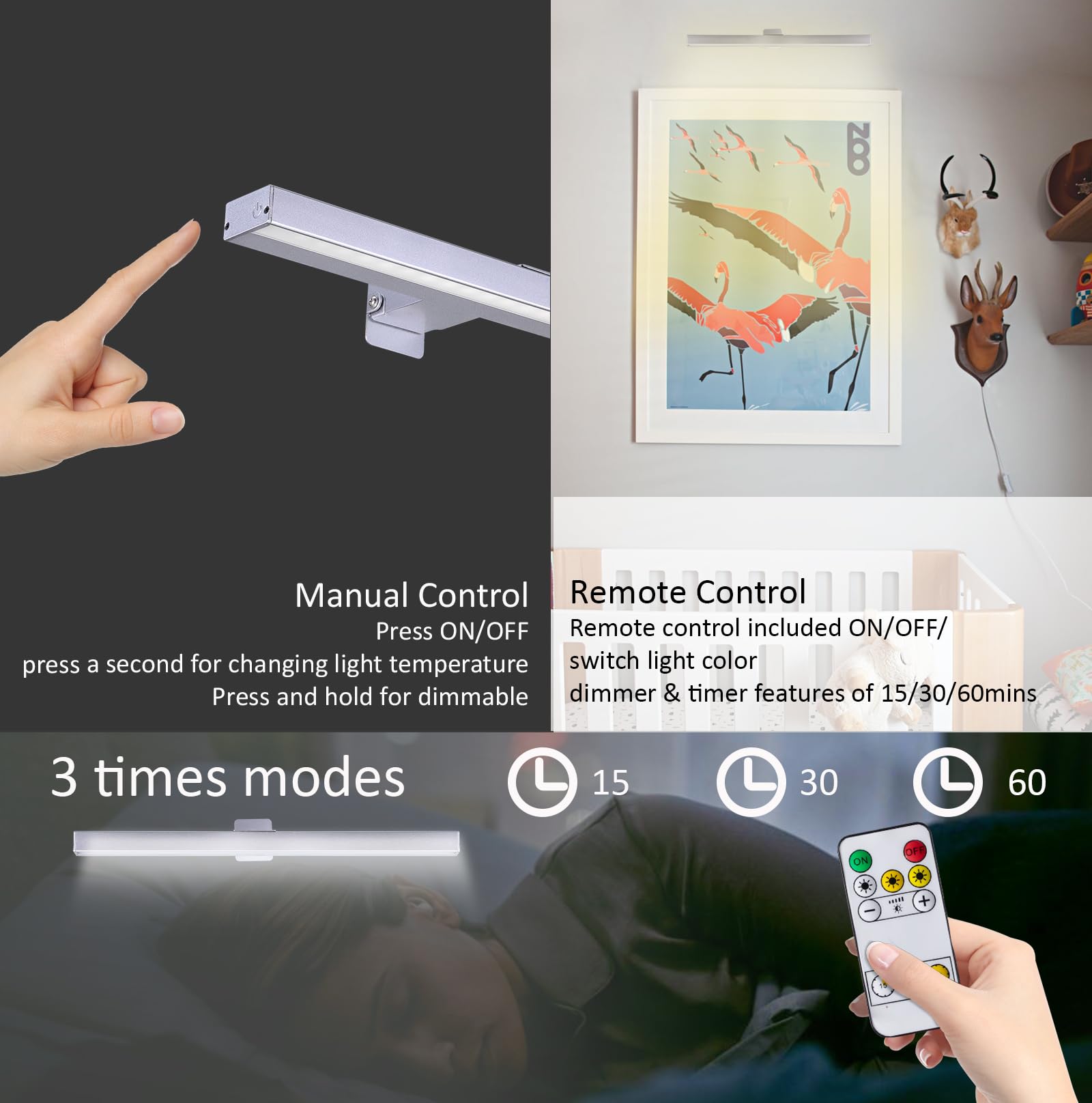 Vigmoj Wierelss Picture Light,16Inch Picture Light Battery Operated,Remote Control Painting Light With Timer And Dimmable, Full
