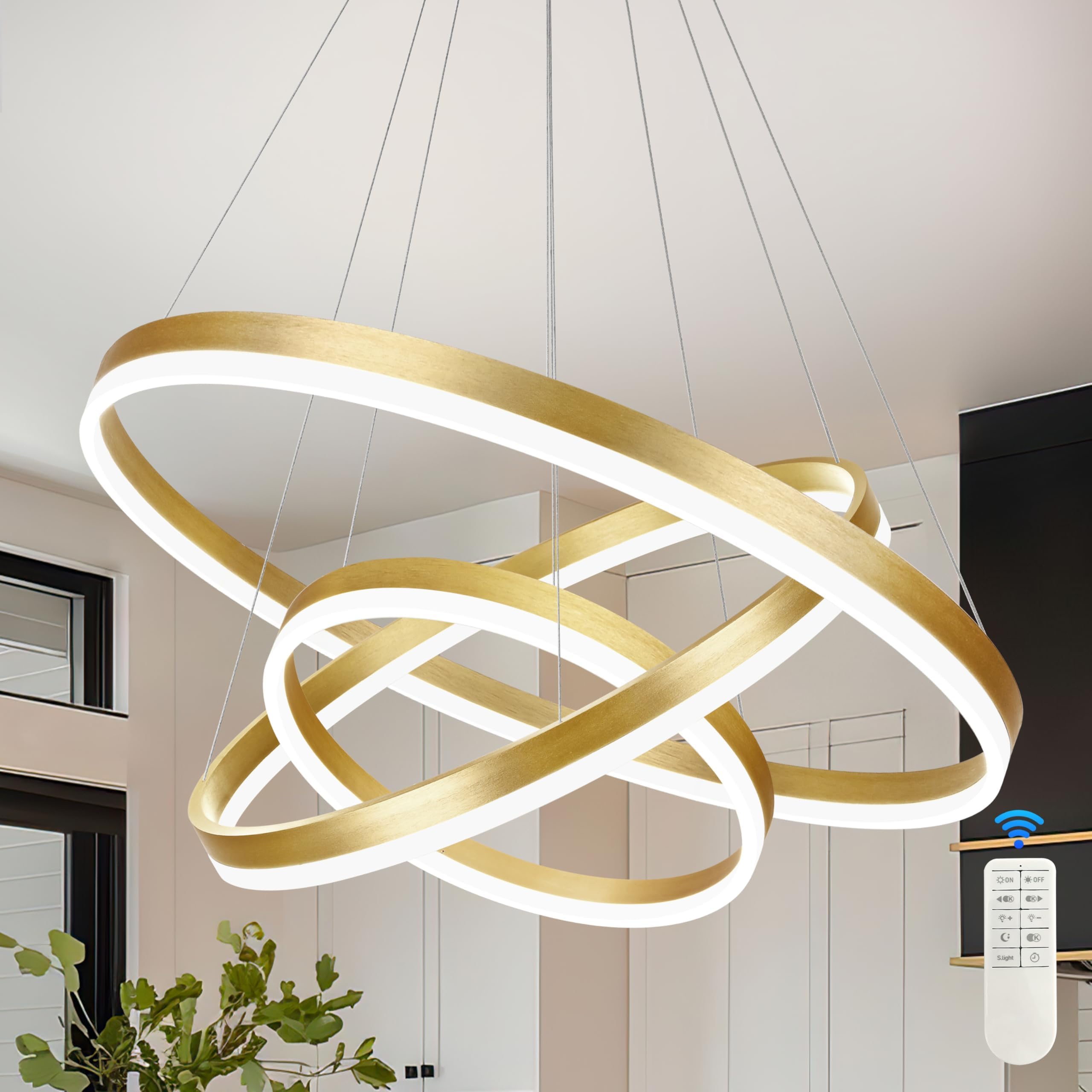 Mccokaige 31.5'' 3 Ring Modern Led Pendant Light Gold Modern Led Chandelier Contemporary Ring Chandeliers Dimmable Chandeliers C