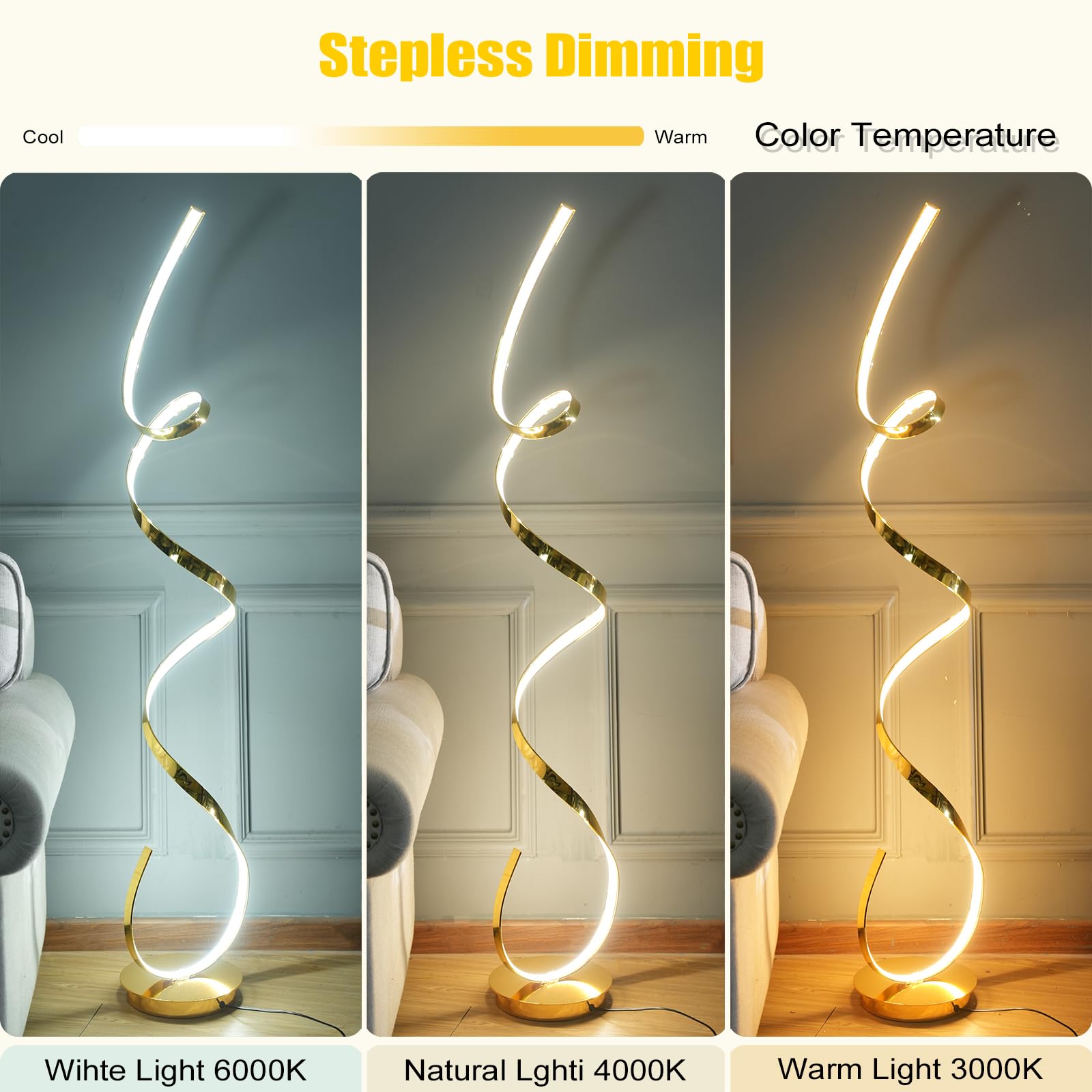 AooLiWang 3 Color Temperature LED Floor Lamp 60W 59in Gold Aluminum, Model ALW-FL, Remote Control for Living Room/Bedroom/Office