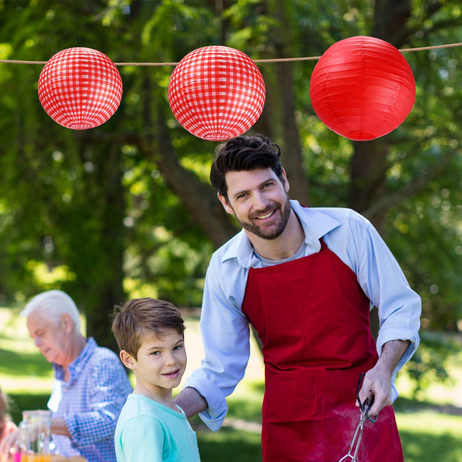 Blulu Paper Lanterns - Checkered Round Decorations, Red and White Plaid, 6 Pieces, Metal for BBQ Pizza Party