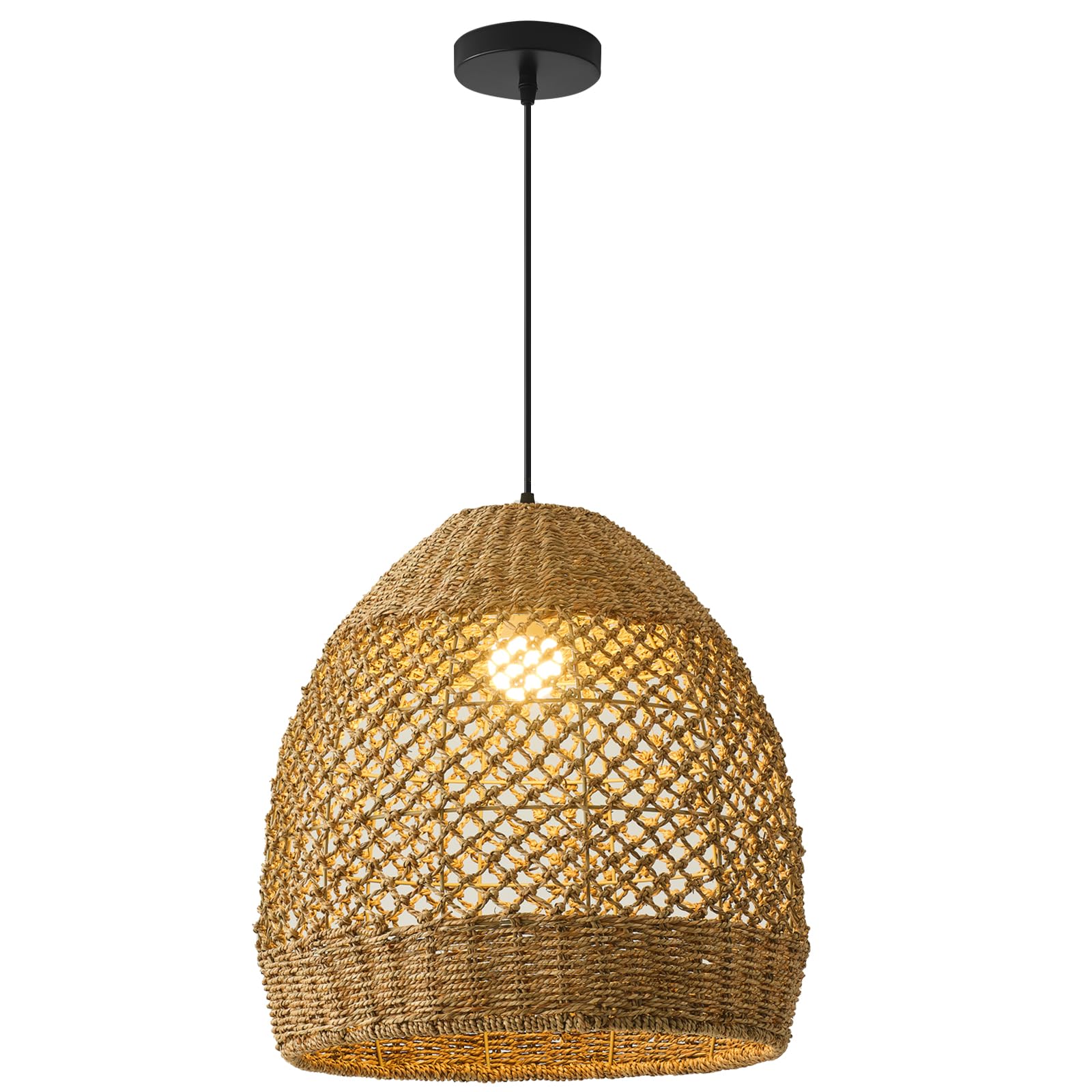 Teru Ji Kaikang 13.77'' Rattan Pendant Light,Rustic Hand-Woven Wicker Hanging Light Water Plants Rattan Chandelier for Dining Li