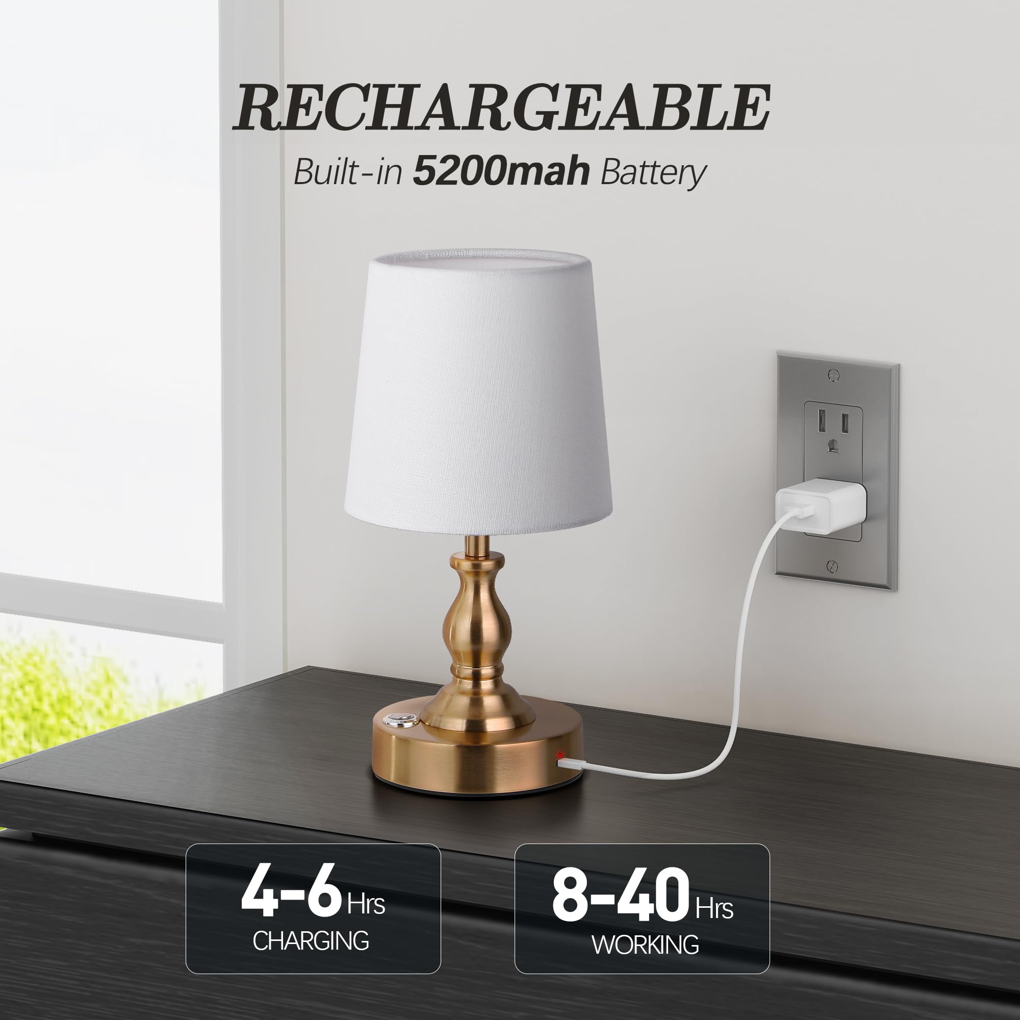 PARTPHONER Mini Cordless LED Table Lamp, 5200mAh Rechargeable Battery Operated Lamp, 3-Level Brightness, Touch Dimmable Desk Lam