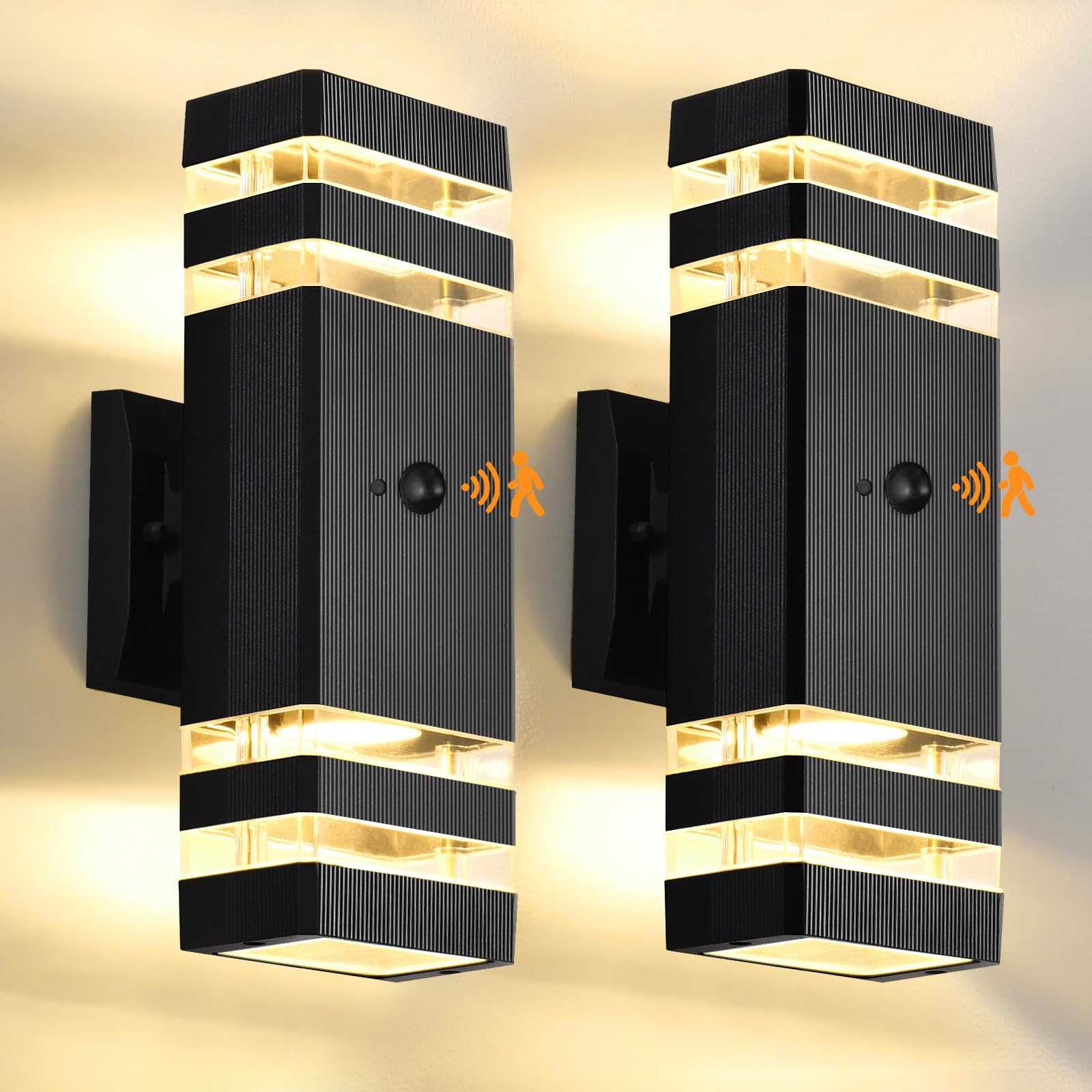 Dastor Motion Sensor Outdoor Wall Lights 2 Pack, Dusk To Dawn Outdoor Lighting, 2-Layer Exterior Porch Light Fixtures, Up And Do