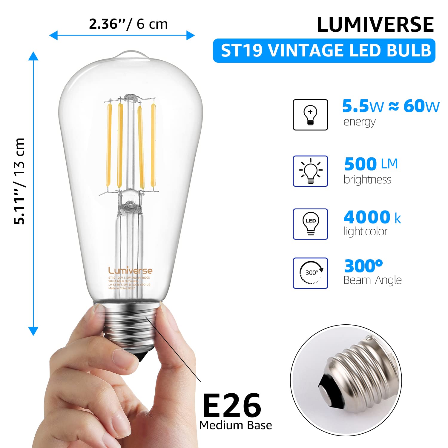St19 Dimmable Led Edison Bulb, 5.5W (60W Equivalent) 500Lm, Cri 95+, 4000K Cool White, E26 Medium Base, Vintage Filament, Clear