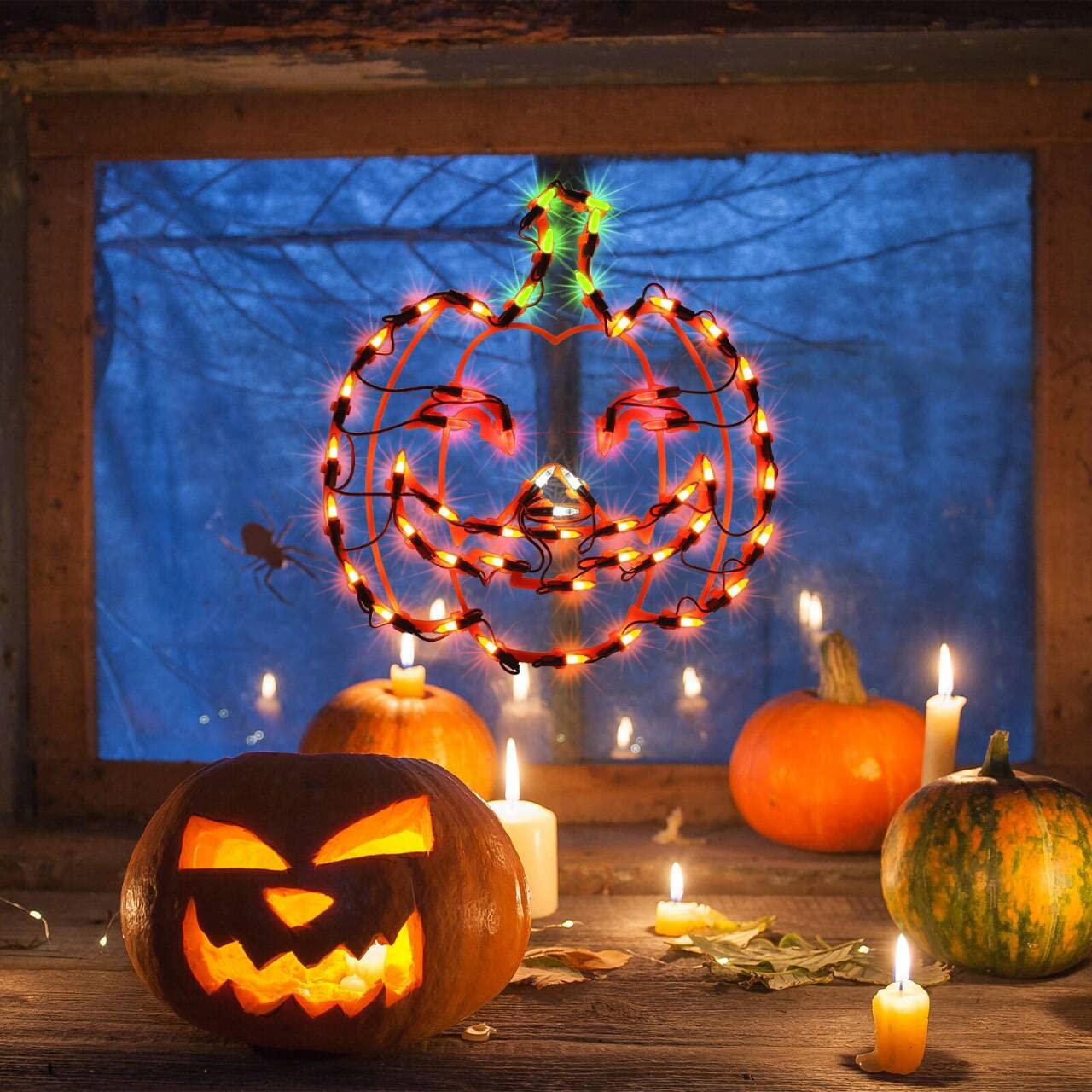 Justpro 13.3" Lighted Jack-O-Lantern Halloween Window Silhouette Decoration,Halloween Lighted Window Decoration,Hanging Light Up Holiday Ornament( Pumpkin Light)