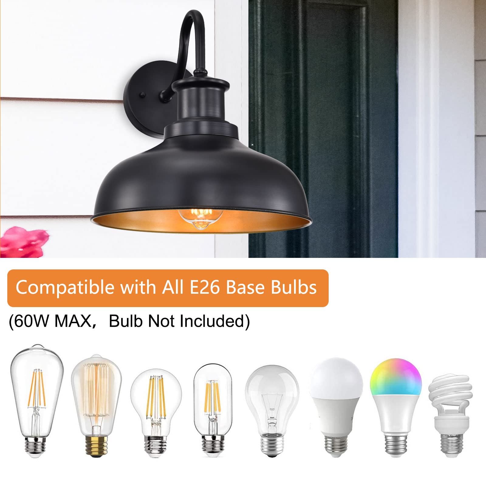 Diyel Gooseneck Barn Light - Vintage Outdoor Wall Sconce, Black Iron, 2 Pack, Ideal for Porch, Entryway, Garage