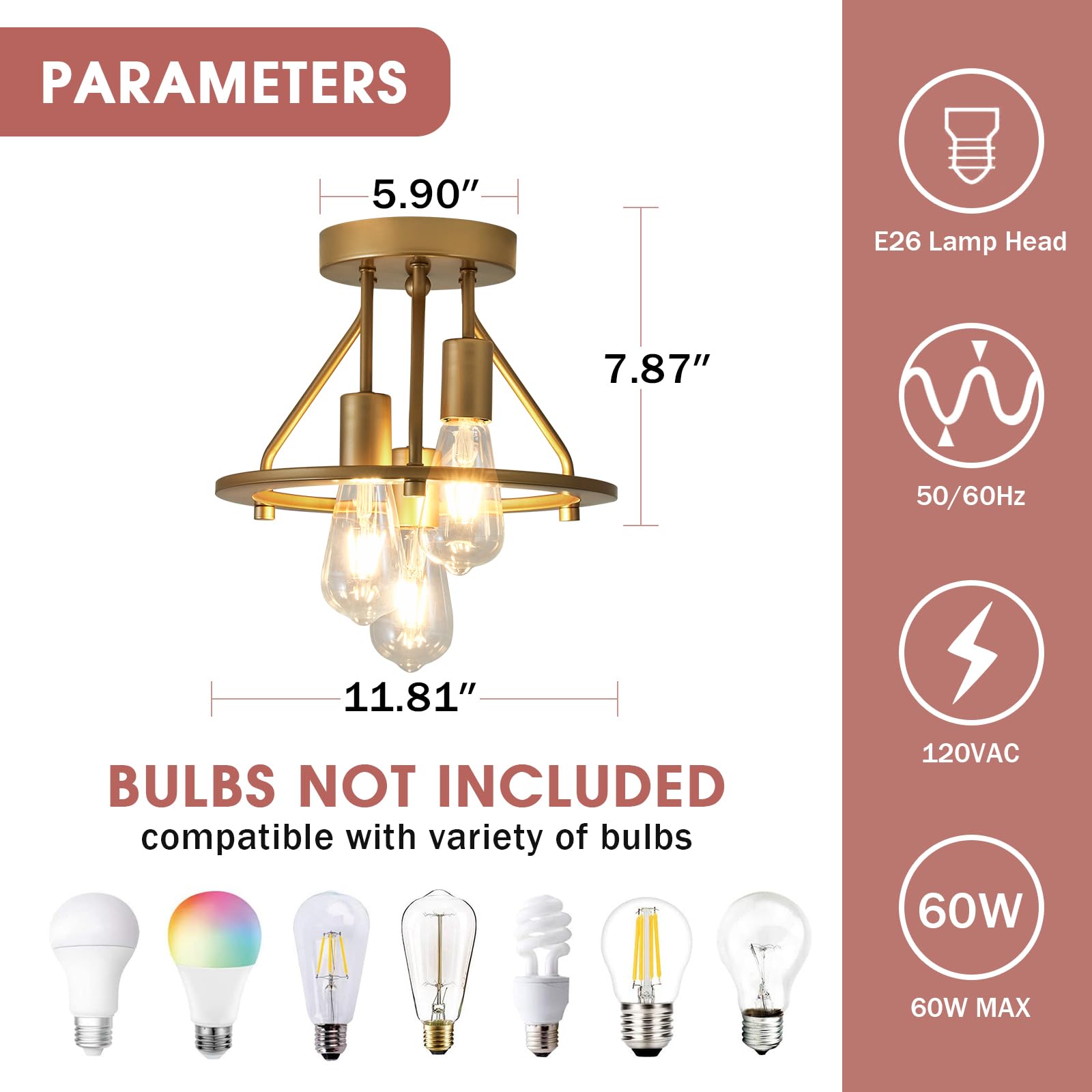 Qgiytp Gold 3-Light Semi Flush Mount Ceiling Light Fixture Metal Farmhouse Vintage Chandelier Circle Ceiling Lamp For Bathroom Kitchen Dining Room Laundry Room Foyer Closet Stairwell
