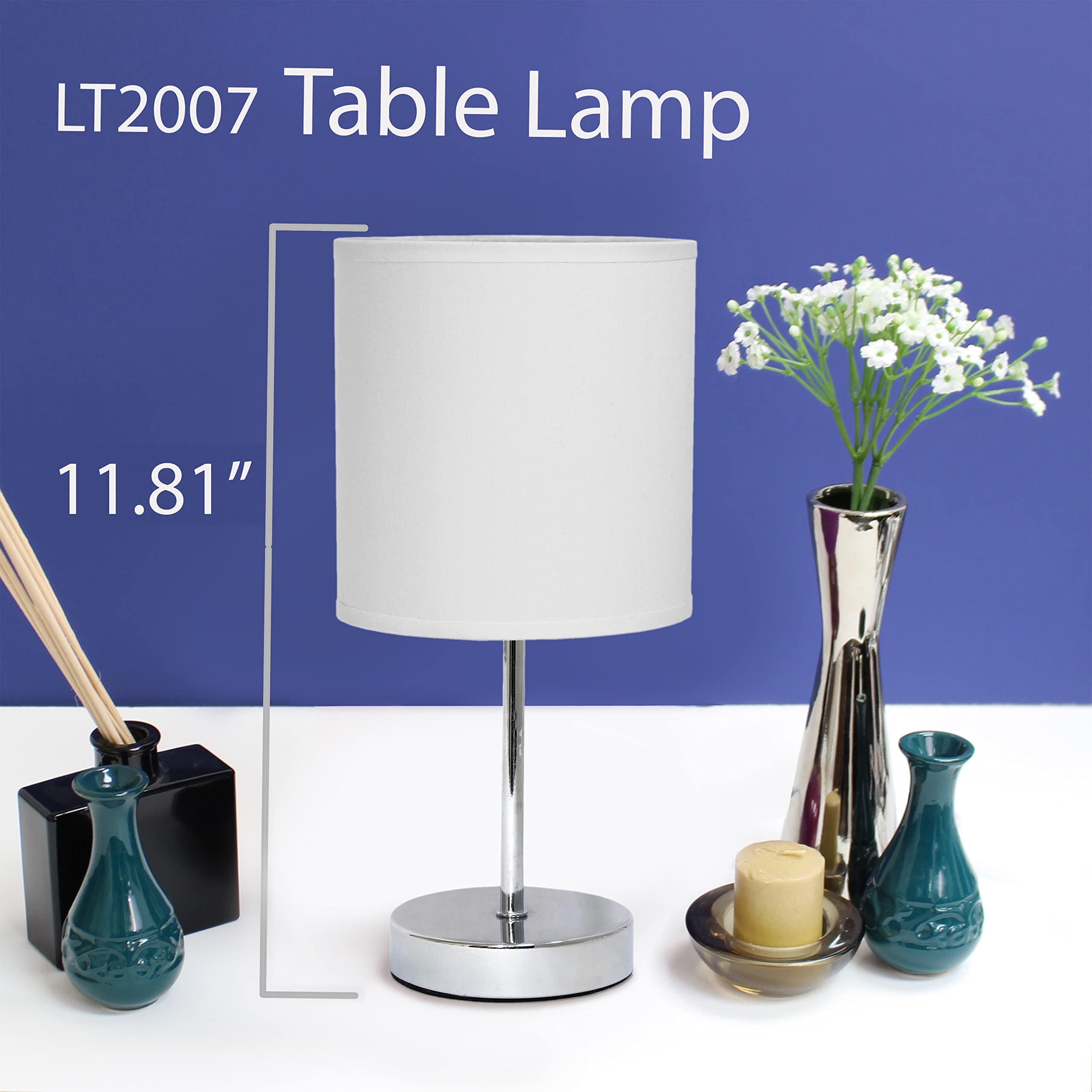 Simple Designs LT2007-WHT-2PK Chrome Mini Table Lamp Set, Fabric Shade, White, No Bulb, 2 Pack
