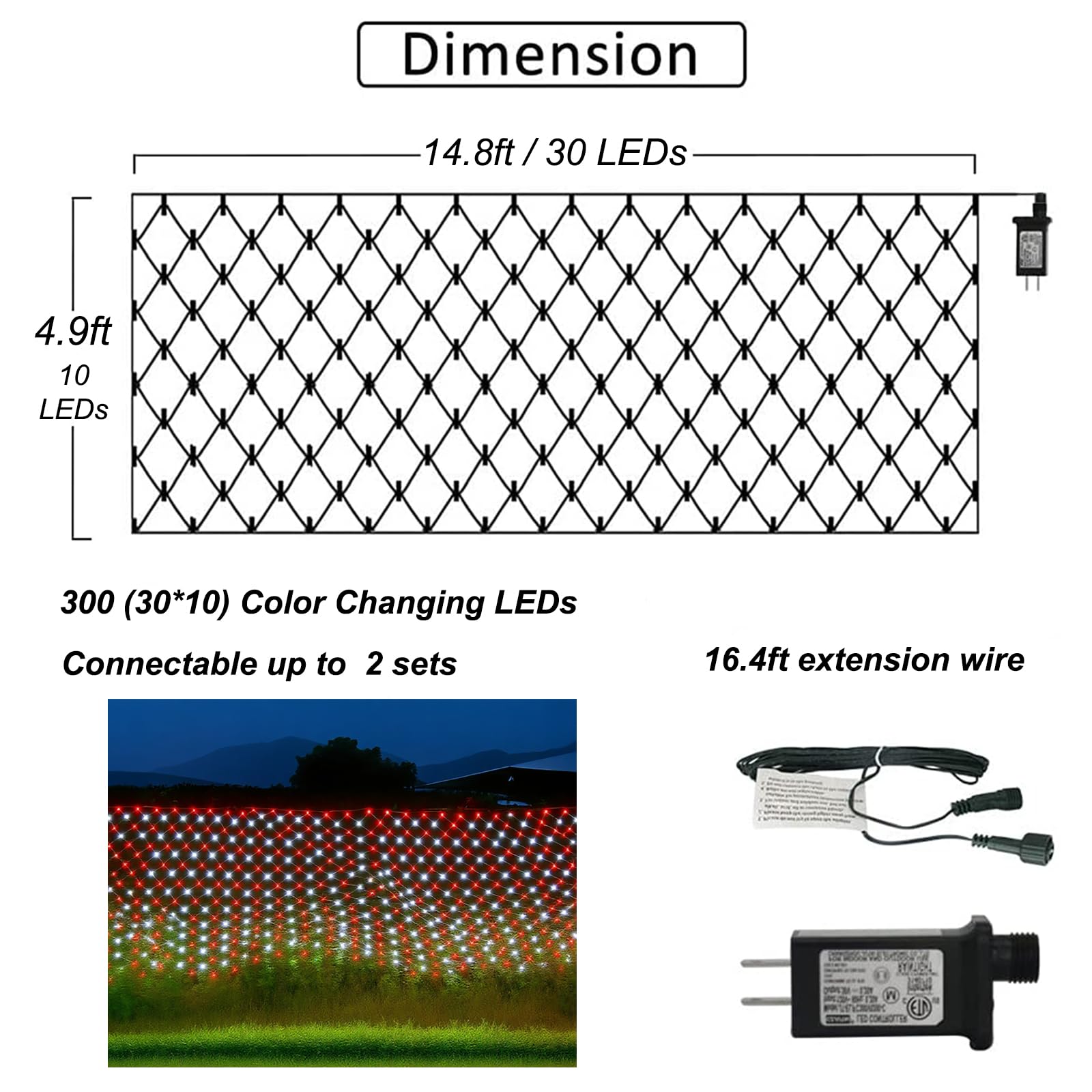 Pooqla Christmas Net Lights, 300 LED Outdoor Fairy String Lights, 14.8x4.9 ft, Green Wire, Waterproof, Red and White