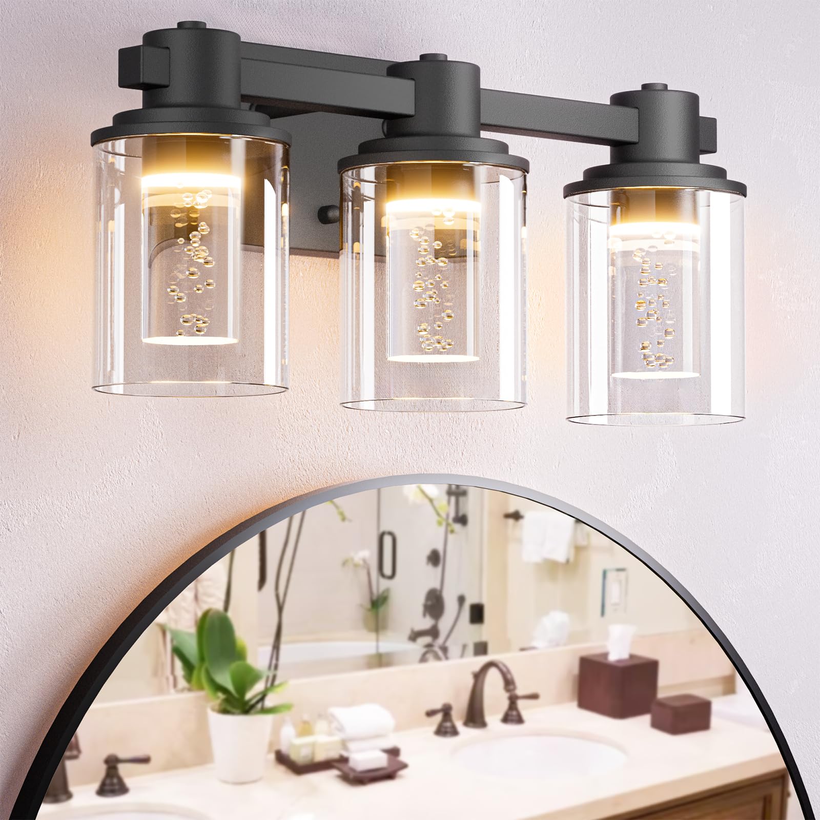 Quntis 3-Light Bathroom Light Fixture, Dimmable LED, 16 Inch, Matte Black, Model LI-HL-0003-3-HEJ, Bulbs Included