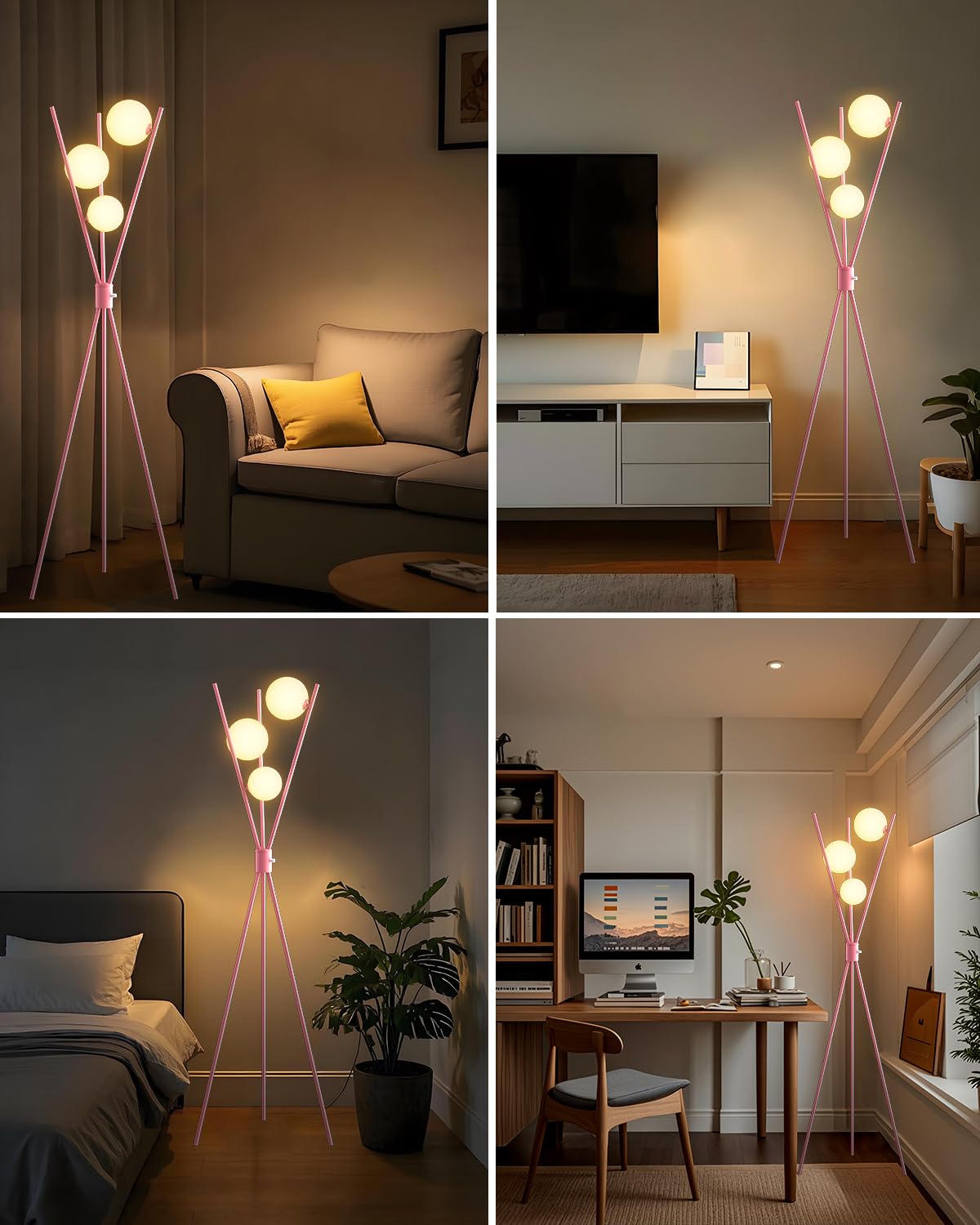 Lightdot Globe Standing Lamps Stepless Dimmable Pink Tripod Floor Lamp With 3Pcs 3000K G9 Bulbs Stable Base Mid Century Modern F