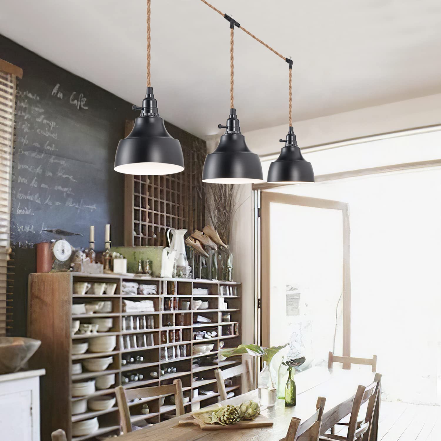 Alaislyc 3 Light Plug In Pendant Light Cord 22Ft Industrial Farmhouse Hanging Lamp With Twisted Hemp Rope Independent Triple Swi