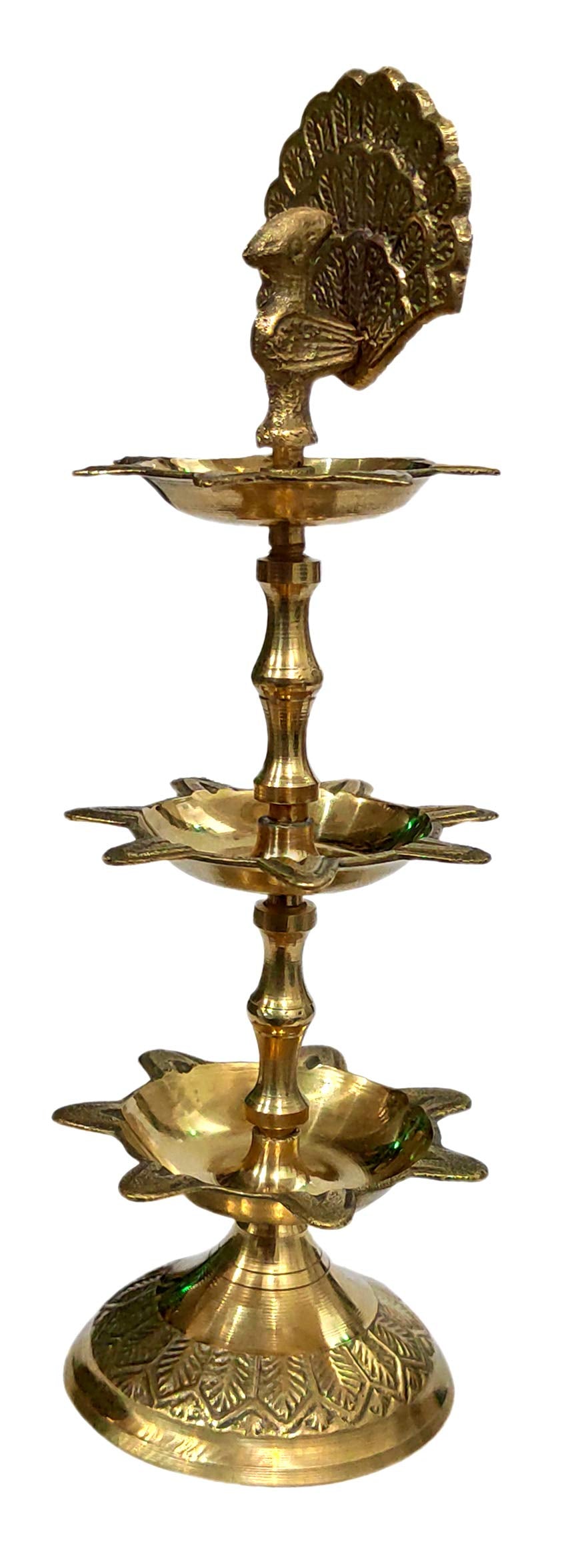 Purpledip Brass Kuthu Vilakku Peacock Oil Lamp, 8 Inches, Golden, Model 12118, Traditional Design Diya For Inauguration