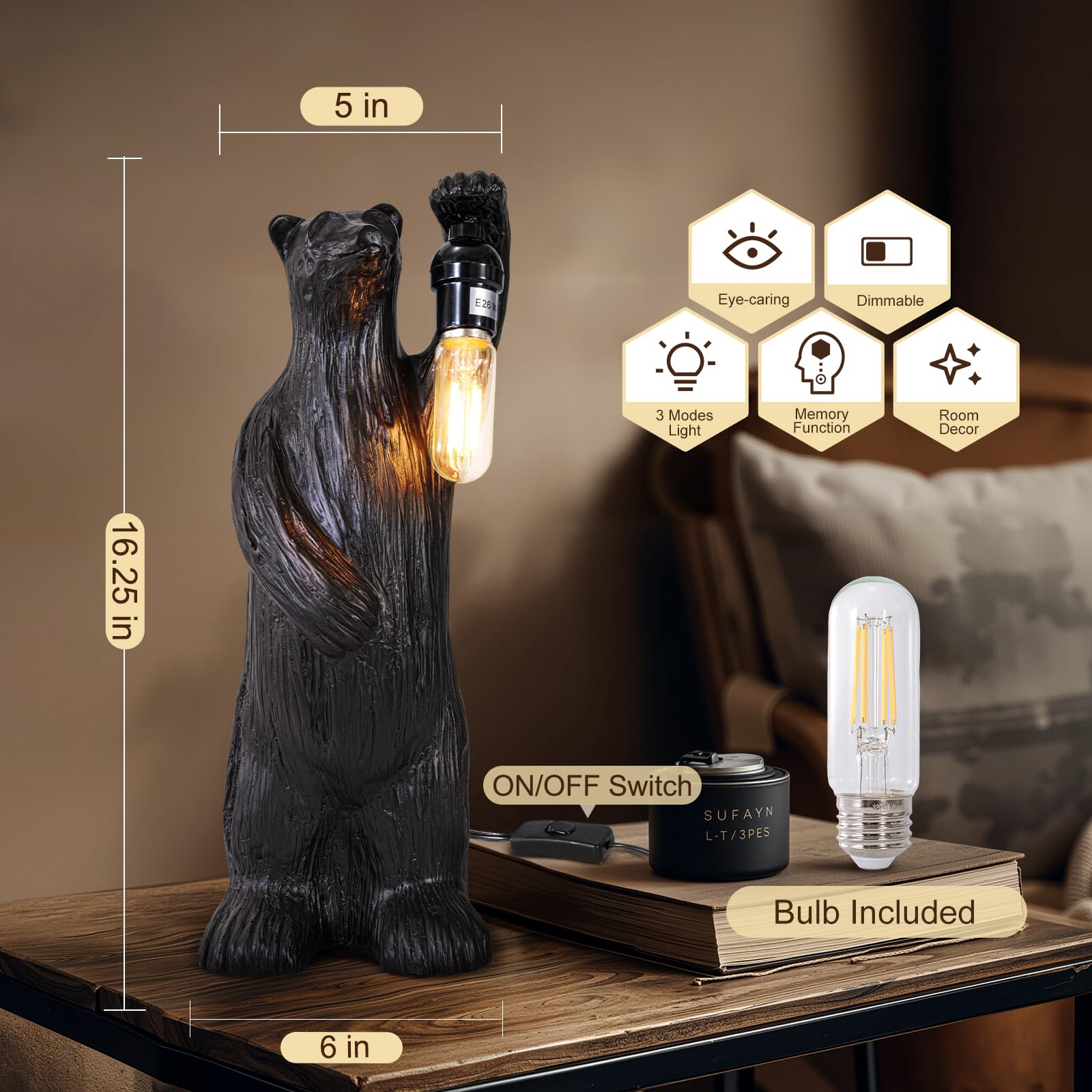 Scenekoy Bear Table Lamp For Living Room Bedroom, Memory Function, 3 Way Cycling Dimming, Resin Gothic Style Bedside Nightstand