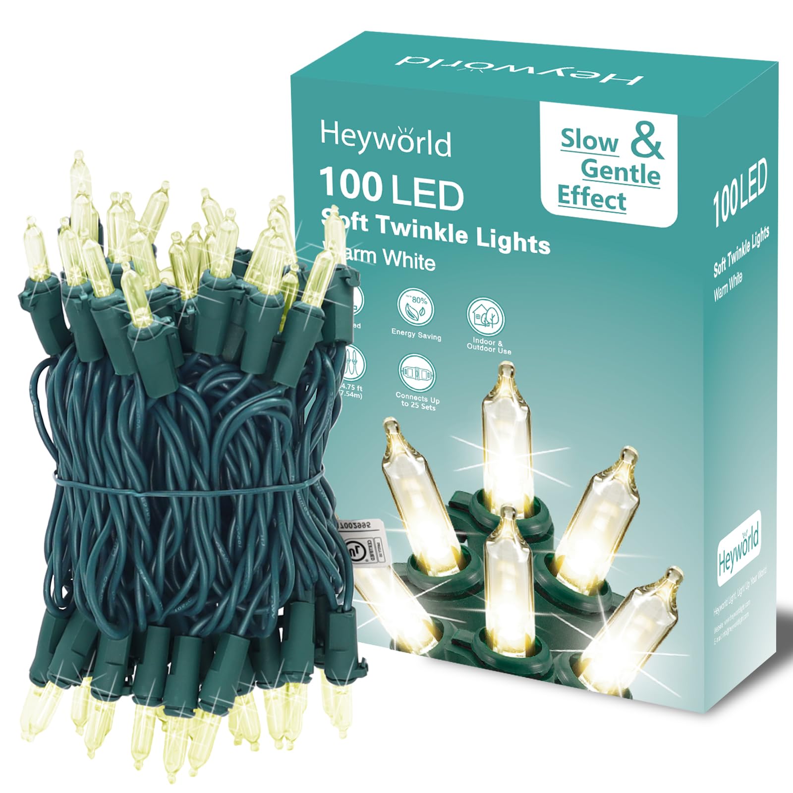 100 LED Slow Twinkle Lights, Soft Twinkling Christmas String Lights, UL Certified 27 Ft, Connect Up to 25 Sets, Indoor & Outdoor