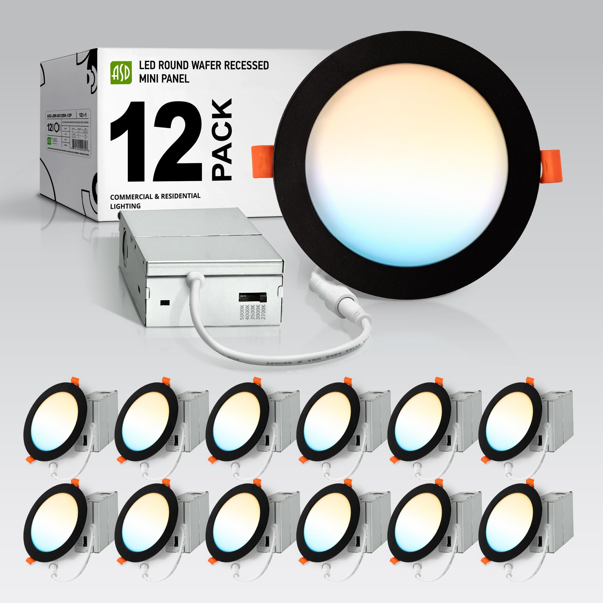 ASD 12 Pack LED Recessed Lighting 6 Inch 12W  5 CCT 2700K-5000K CRI90+  IC Rated Ultra Thin Dimmable Ceiling Lights with J Box  Canless Wafer Downlight  Round Slim Panel Light  Energy Star ETL  Black