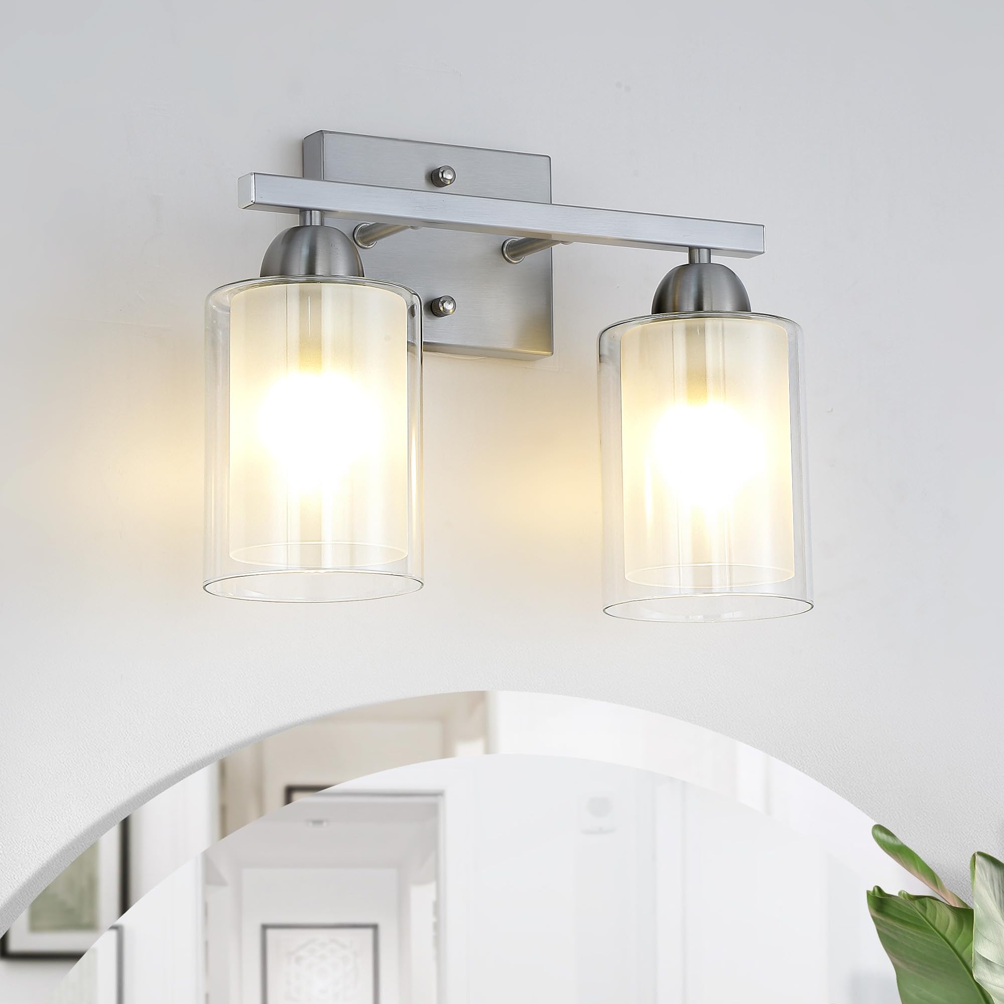 Mecgirn Stainless Steel Bathroom Vanity Light, 2 Light, Brushed Nickel, Milk Glass and Clear Glass Shades, Model B0007-2