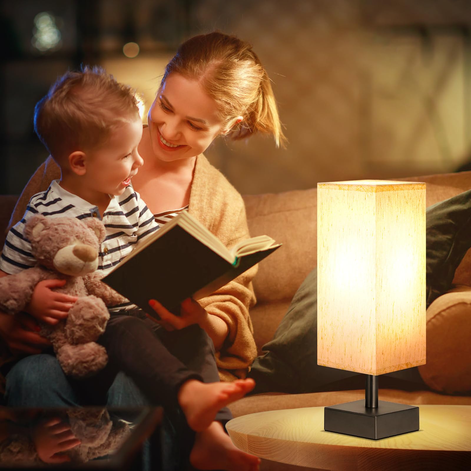 aooshine Small Table Lamp - Minimalist Cream & Black Bedside Light, 13.2in Square Fabric Shade, Model TLASE01M