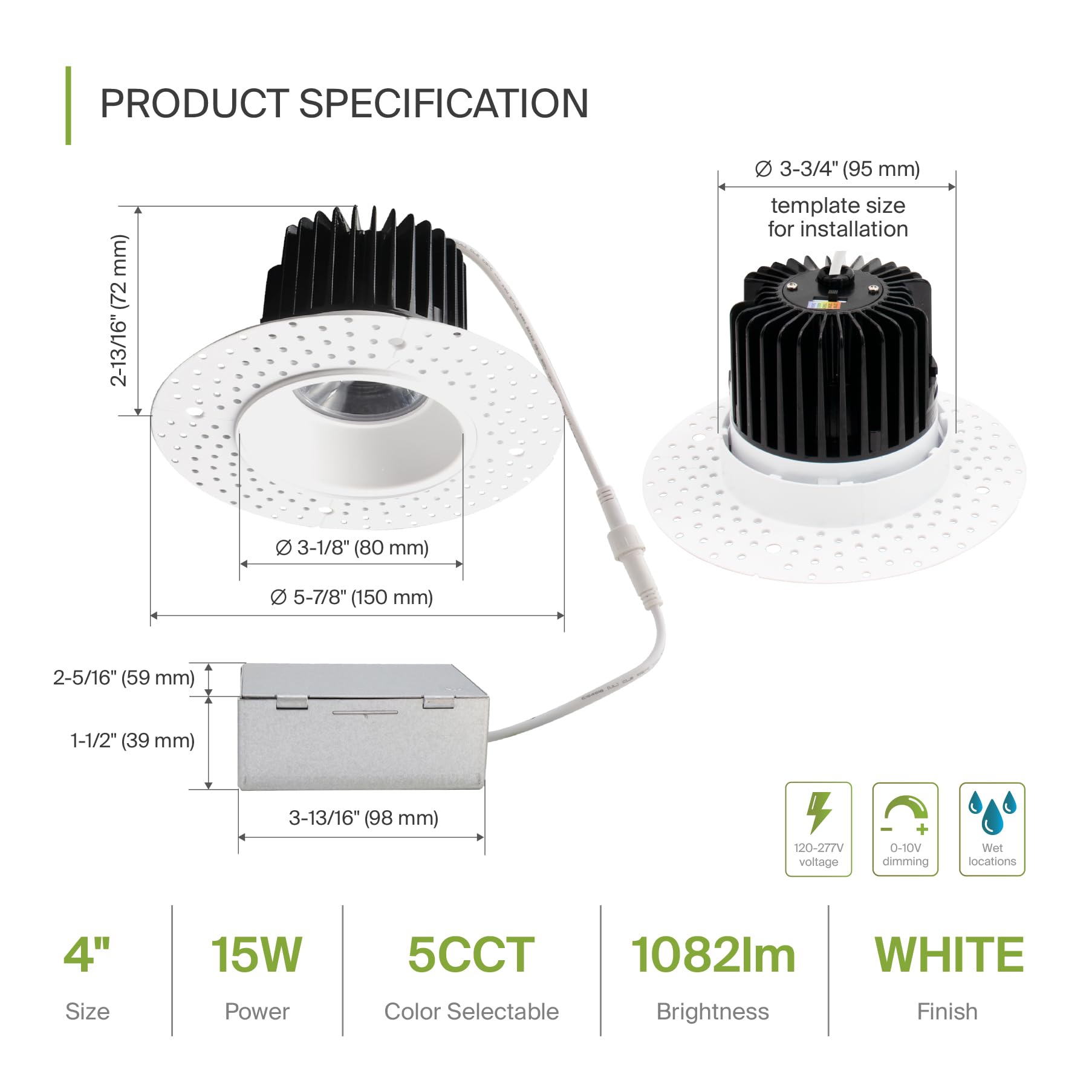 ASD Trimless LED Recessed Lighting 15W 4 Inch Canless Dimmable Downlight, 5 CCT 2700K-5000K, IC Rated, White,