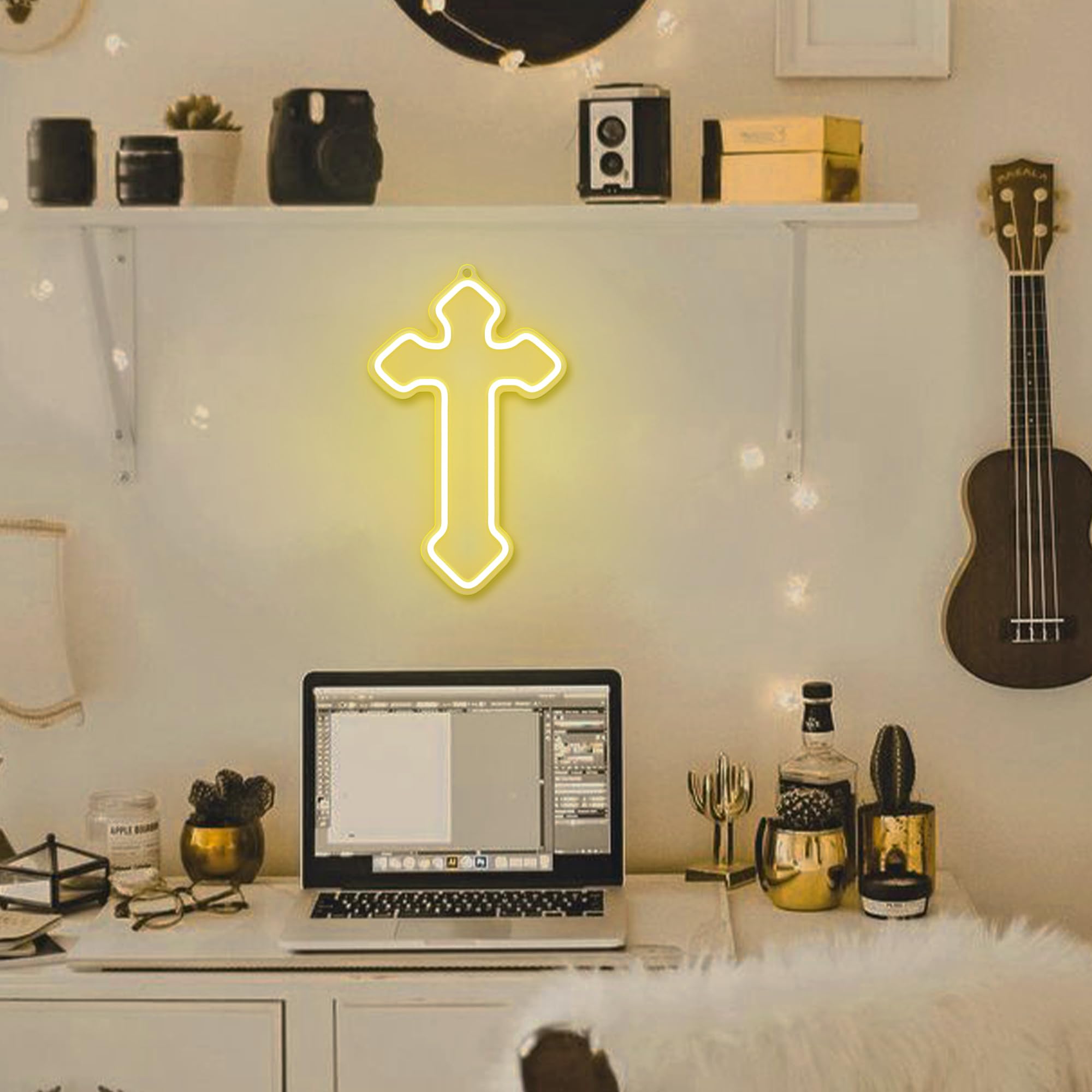Attivolife LED Neon Cross Sign, Dimmable USB Powered Night Light, 8.03inx13.34in, Warm White Wall Decor