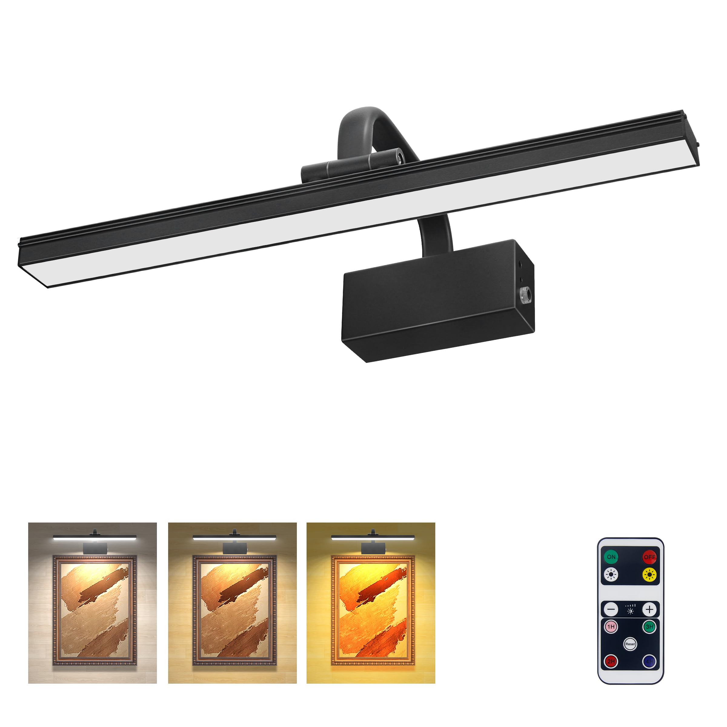 RAIFOOLLY Picture Light for Wall, Battery Operated, Remote Dimmable, 3 Modes, Iron, L-16in, Black, Model RF00181