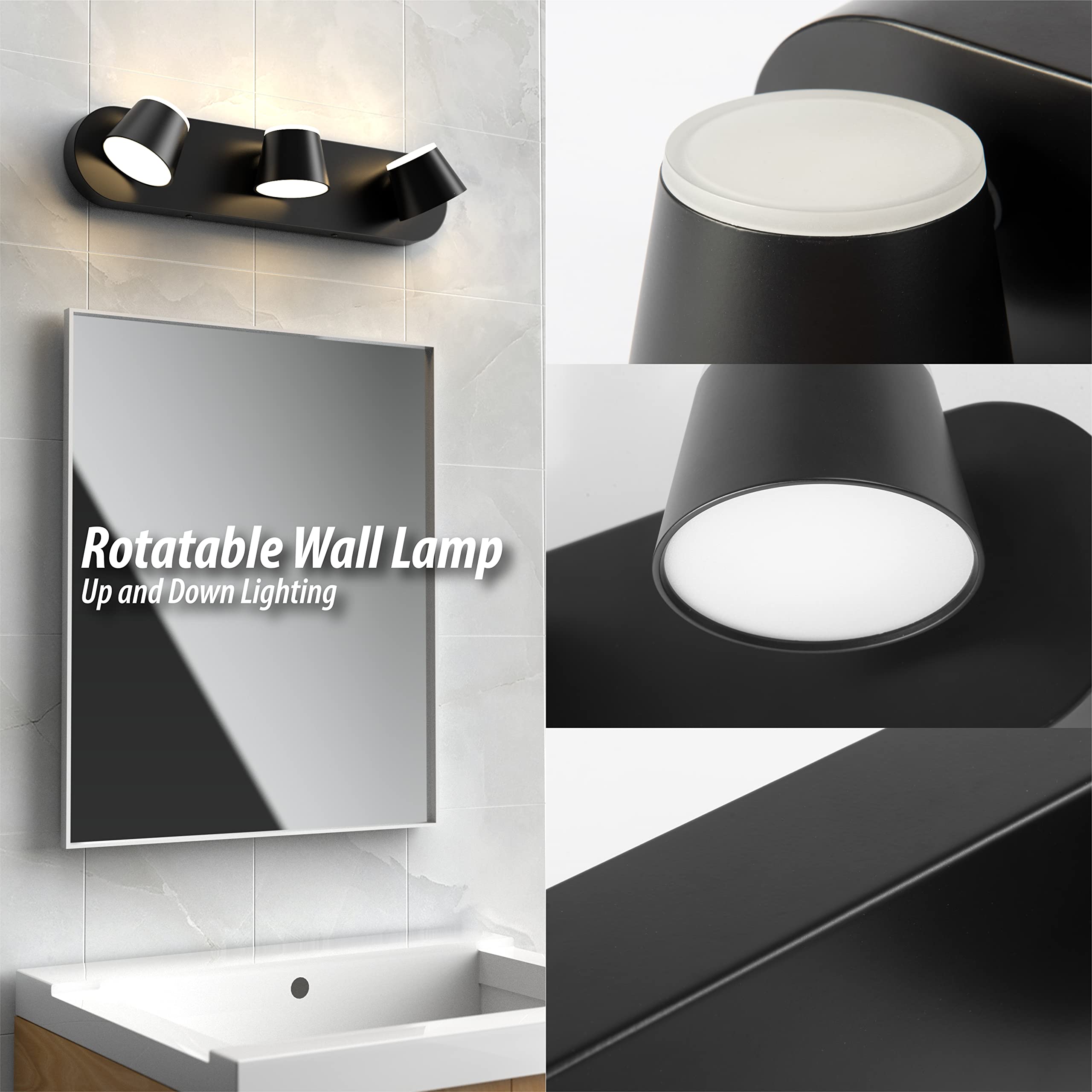 URSOLA 3 Light Bathroom Vanity Light - LED Dimmable Fixtures, Black, 20" Up and Down Rotatable, Model 7540-3T