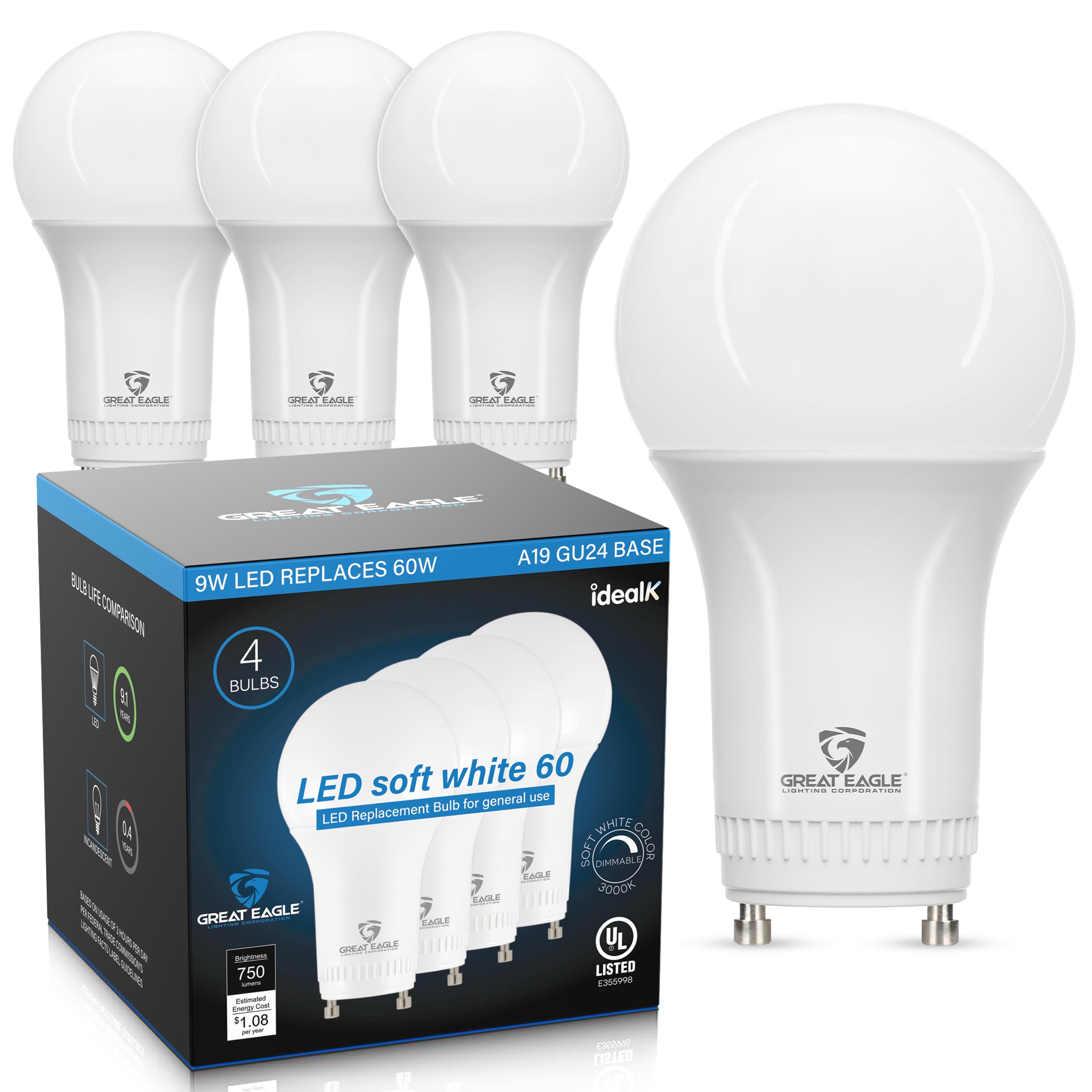 Great Eagle GU24 Led Bulb - A19 Shape, 9W (60W Equivalent), Dimmable, 3000K Soft White, UL Listed, Twist-in Light Bulb, 2 Prong 