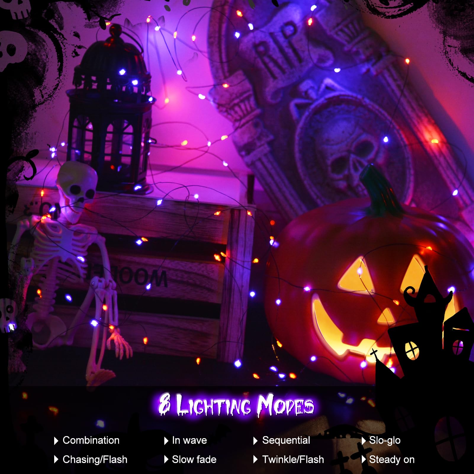 echosari 200 LED Halloween Fairy Lights, 66Ft Silver Wire, 8 Modes, Battery Operated, 2 Pack, Purple & Orange