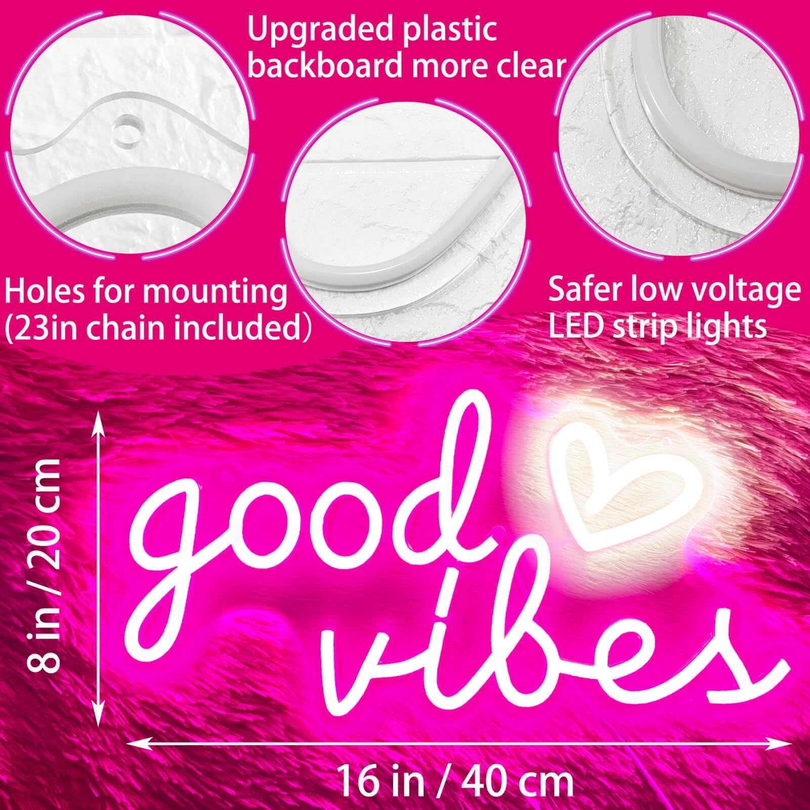 HOHOSIGN Good Vibes Neon Sign - 16"x8" Pink LED Wall Decor, USB Operated Acrylic Heart Lighting for Bedroom