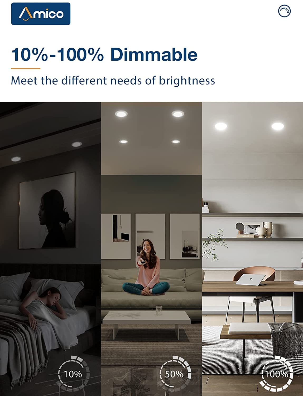 Amico LED Recessed Lighting 20 Pack, 5CCT Dimmable, 12.5W, Damp Rated, Baffle Trim, Selectable 2700K-6000