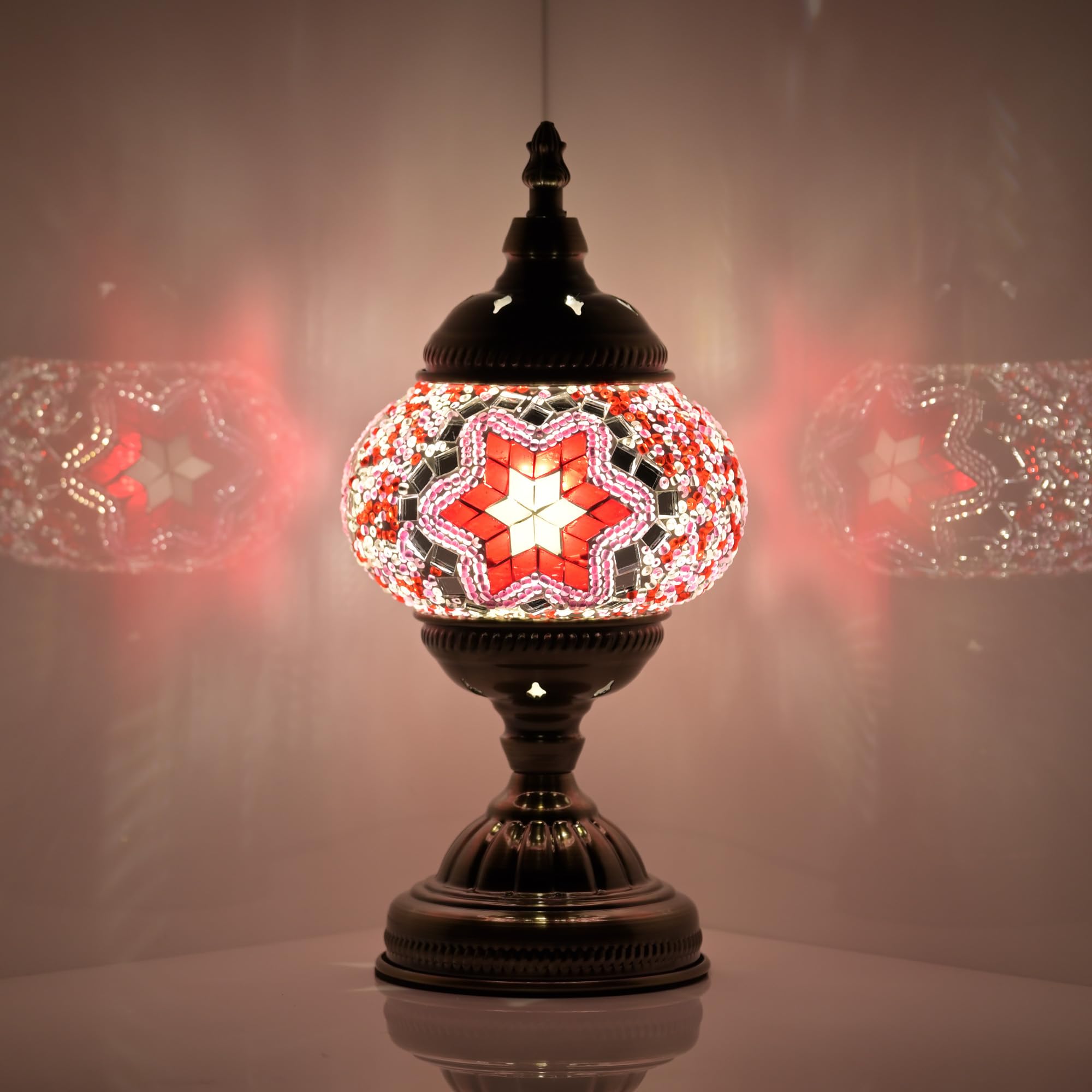 GOGERS Table Lamp Lantern - Handmade Mosaic Glass, Tiffany Style, Pink, Model GS-HH-Y8, Bohemian Decorative Desk Bedside Light