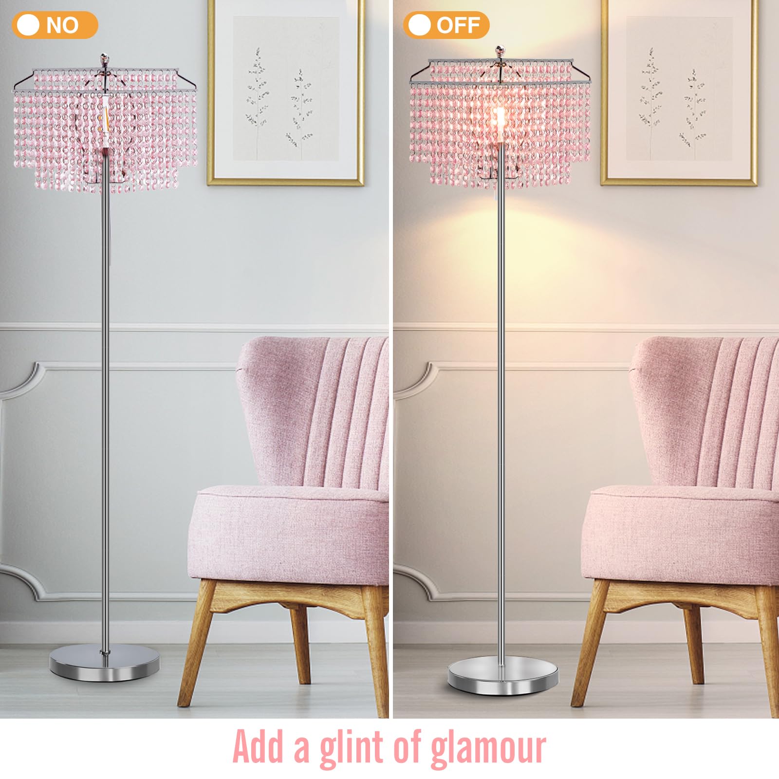 Luvkczc Pink Crystal Floor Lamp, 64" Tall Metal Standing Lamp with Double-Layer Lampshade, On/Off Foot Switch for Living Room and Office