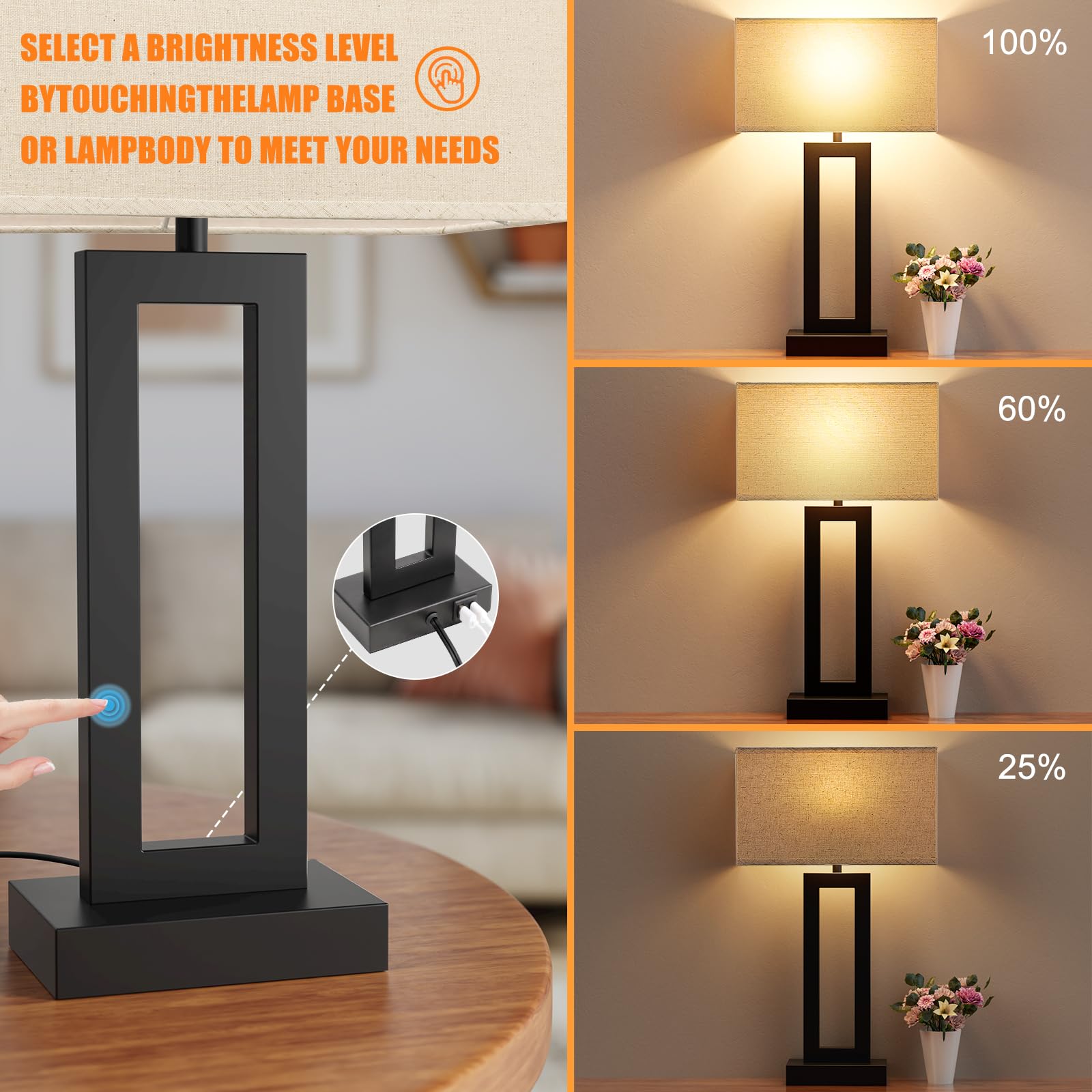 22'' Tall Living Room Lamps For Night Stands - Touch Bedside Lamp With Usb C+A, 3 Way Dimmable Bedroom Lamps For End Tables Set