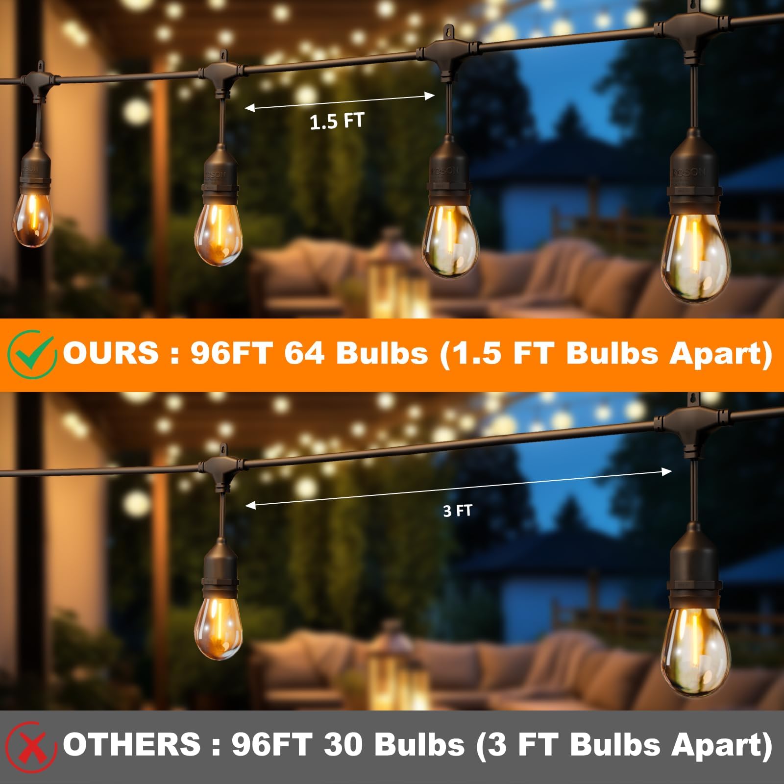 EIKOSON 100FT LED Outdoor String Lights, 64 Waterproof Bulbs, Remote & Dimmer, Black, Commercial Grade, Model EIK-96FT-64
