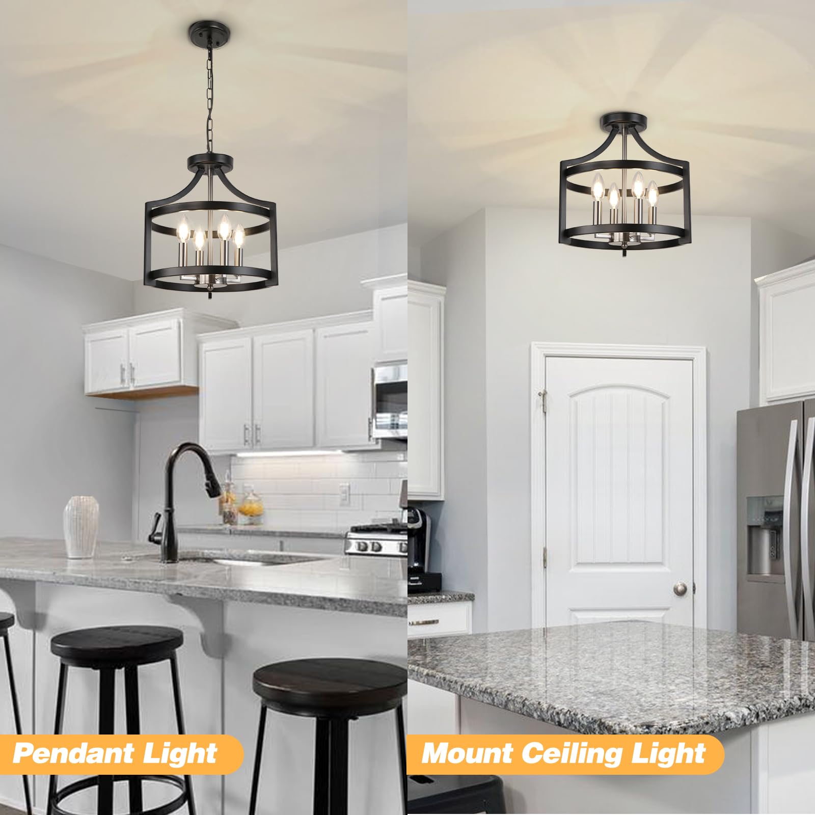 Lynpon Black And Brushed Nickel Chandelier 4 Lights, Modern Farmhouse Convertible Semi Flush Mount Ceiling Light, Rustic Round C
