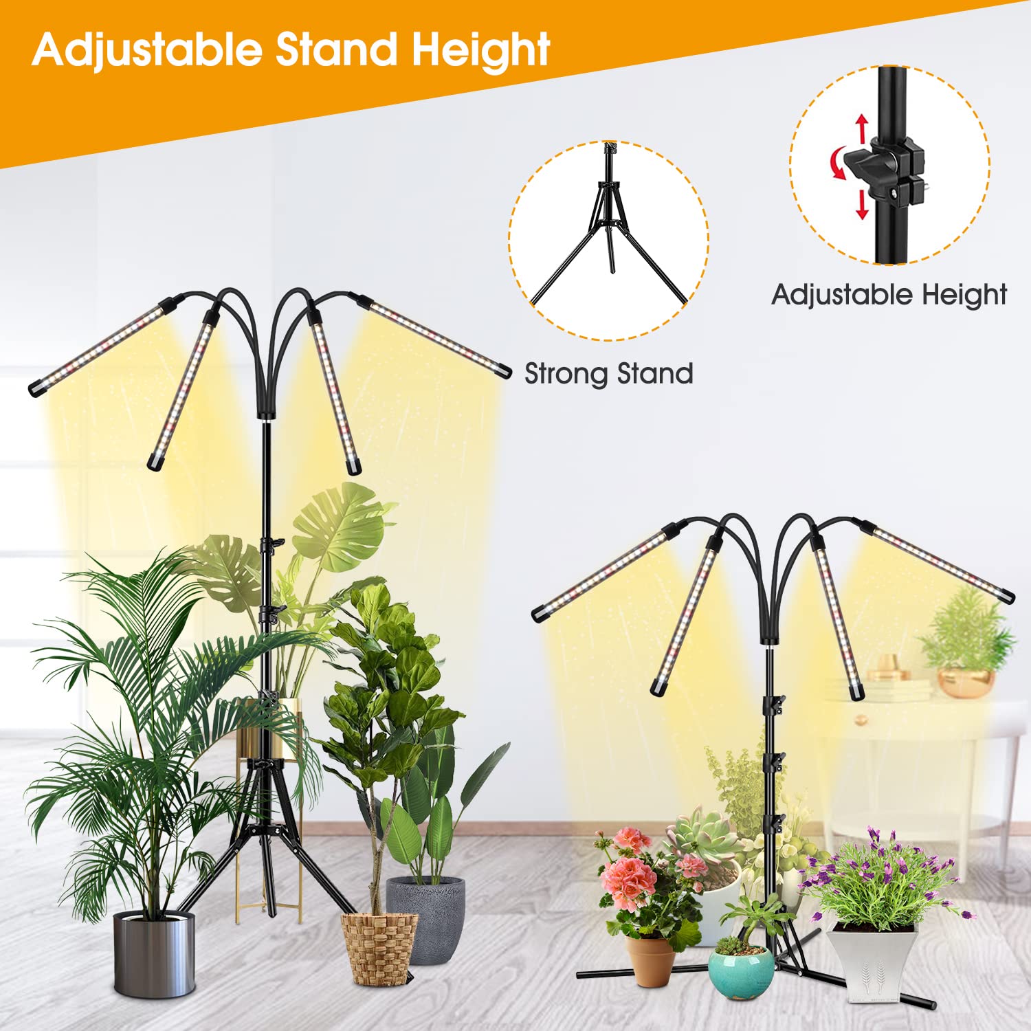 Wolezek 4-Head LED Grow Light, Full Spectrum, Adjustable Tripod Stand 15-61in, Metal, Black, Model 4GL802