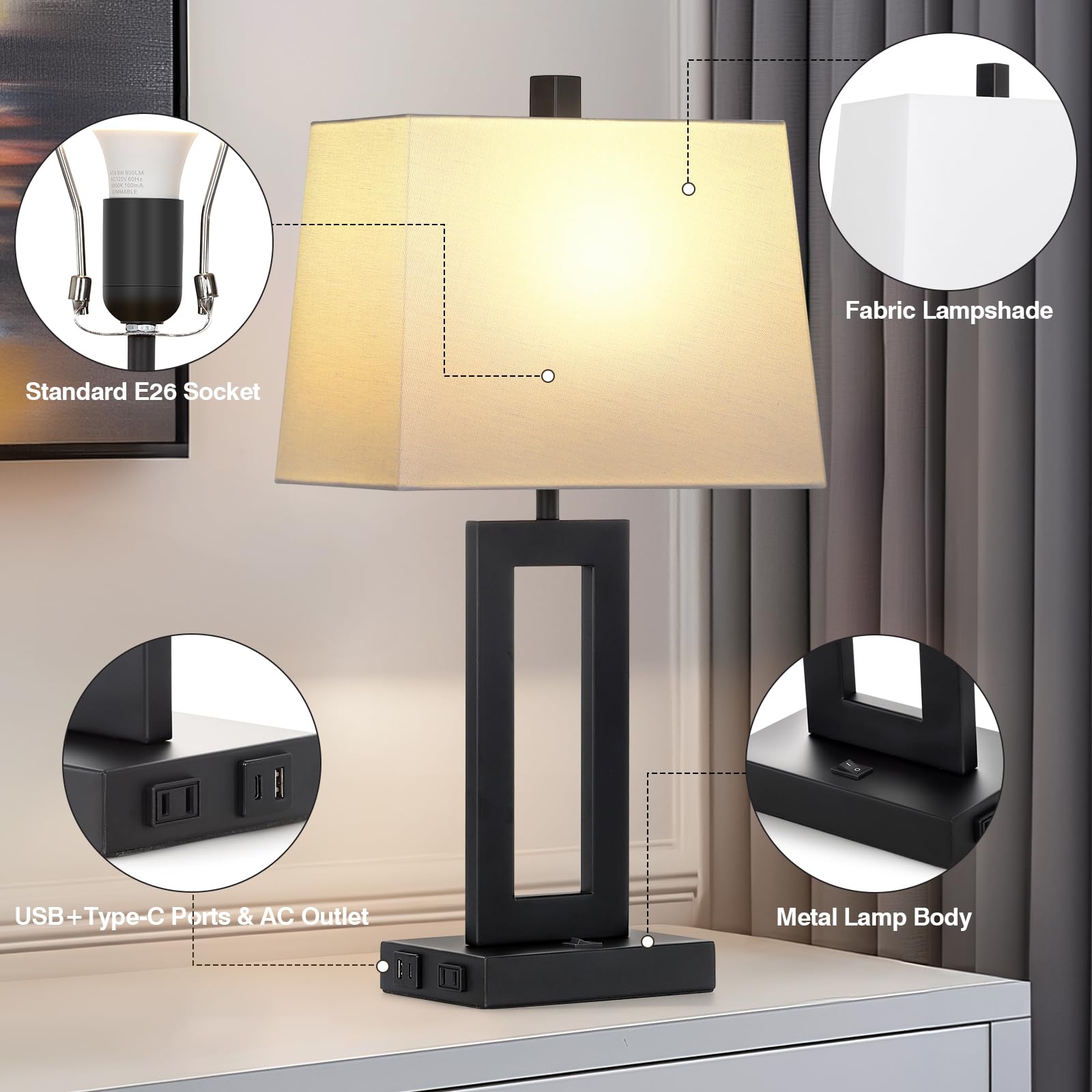 Cinkeda Table Lamp Set of 2 - Modern USB C+A Ports & AC Outlet, Black Shade, Ideal for Bedroom & Living Room, Model TD-CK-376