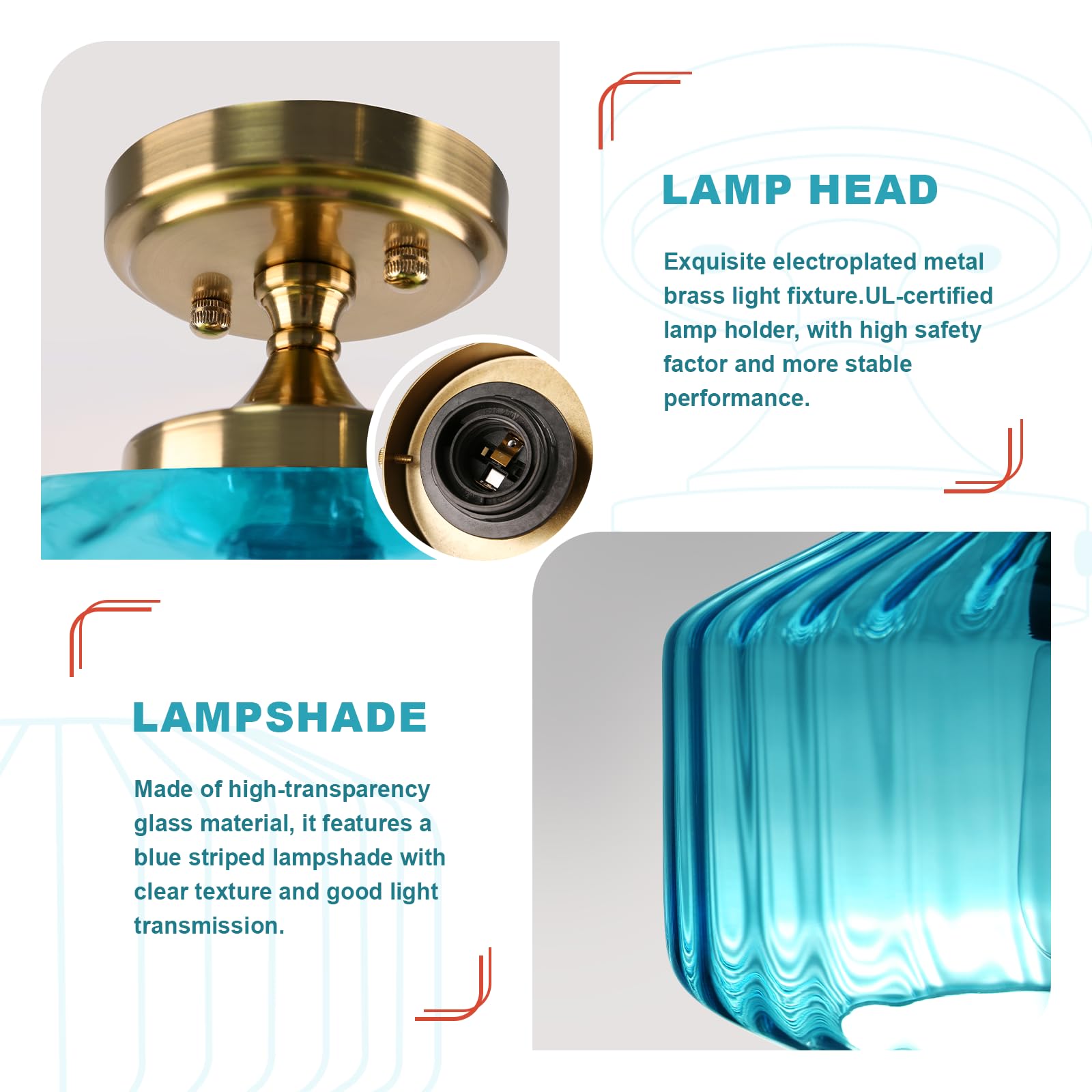 Qepeety Blue Glass Flush Mount Ceiling Light  11.02 Vintage Gold Chandelier Hallway Lights Fixture  Modern Close To Ceiling Lighting For Bathroom Bedroom  Compatible With E26 Bulb (Bulb Not Included)