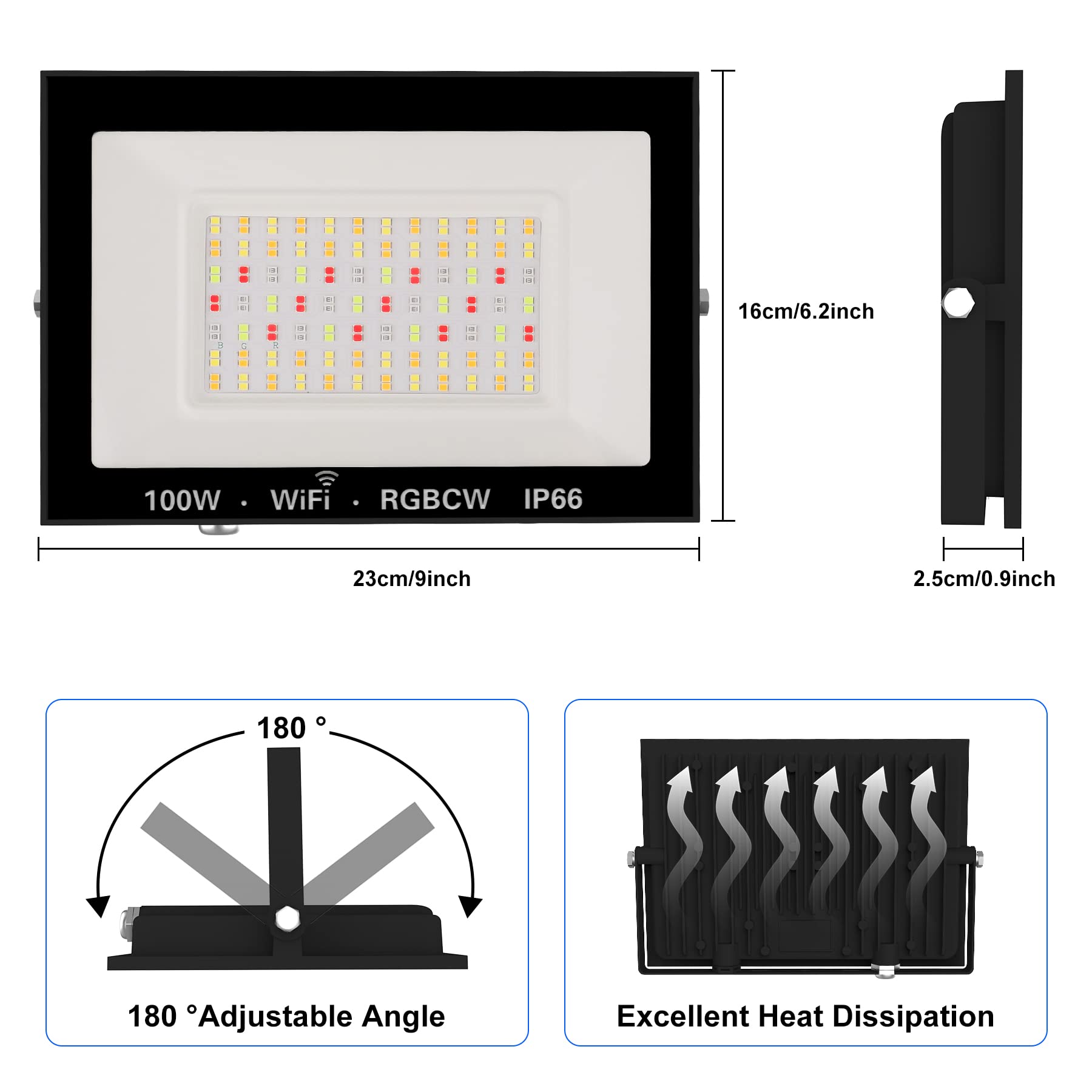 CREPOW RGB LED Flood Light 100W Smart Outdoor Lights 2 Pack, 2700K, Music Sync, IP66 Waterproof, RGBCW
