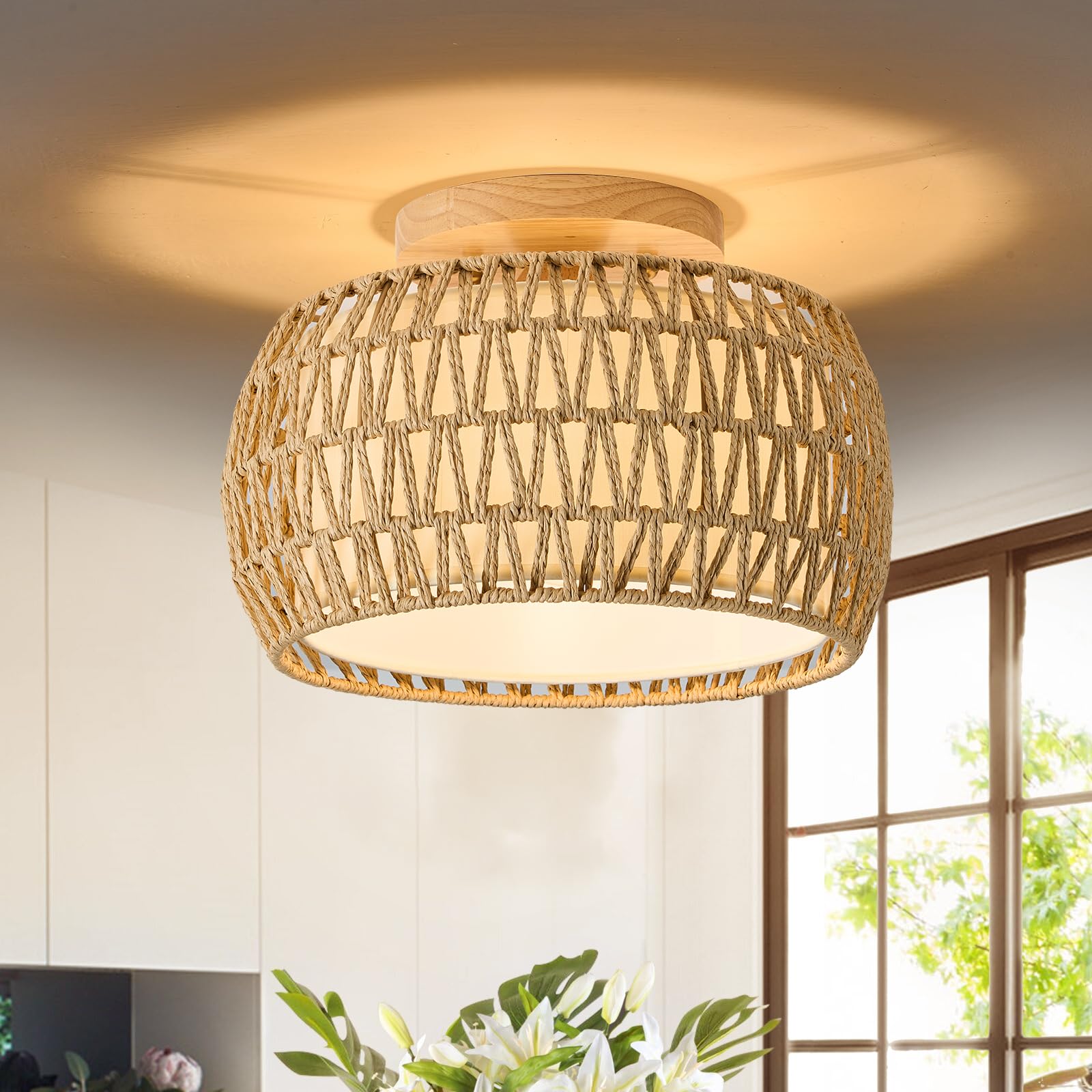 Alaislyc Boho Rattan Flush Mount Ceiling Light 12&quot; Rustic Wicker Fixture For Home Décor