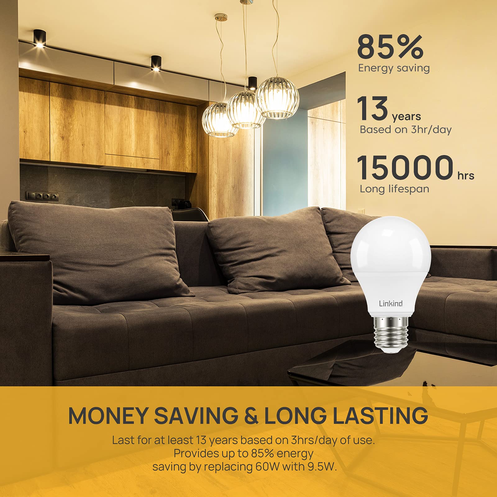 Linkind Dimmable A19 Led Light Bulbs, 60W Equivalent, E26 Base, 3000K Warm White, 9.5W 800 Lumens 120V, Ul Listed Fcc Certified,