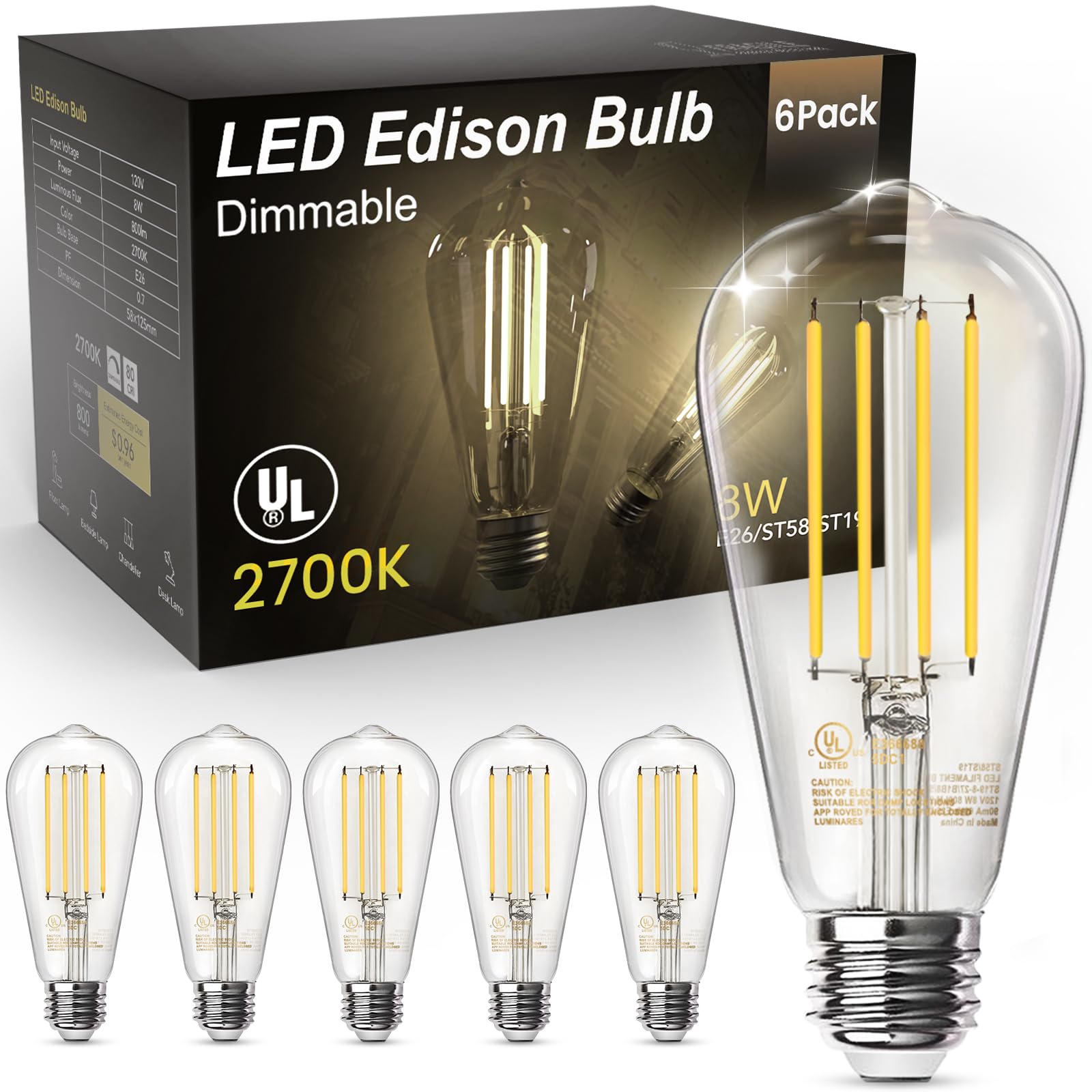 Tjoy Edison Light Bulbs 60W Equivalent, Dimmable Vintage Led Light Bulbs, E26 Medium Base, Warm White 2700K, St58, 8W, 800Lm, 80