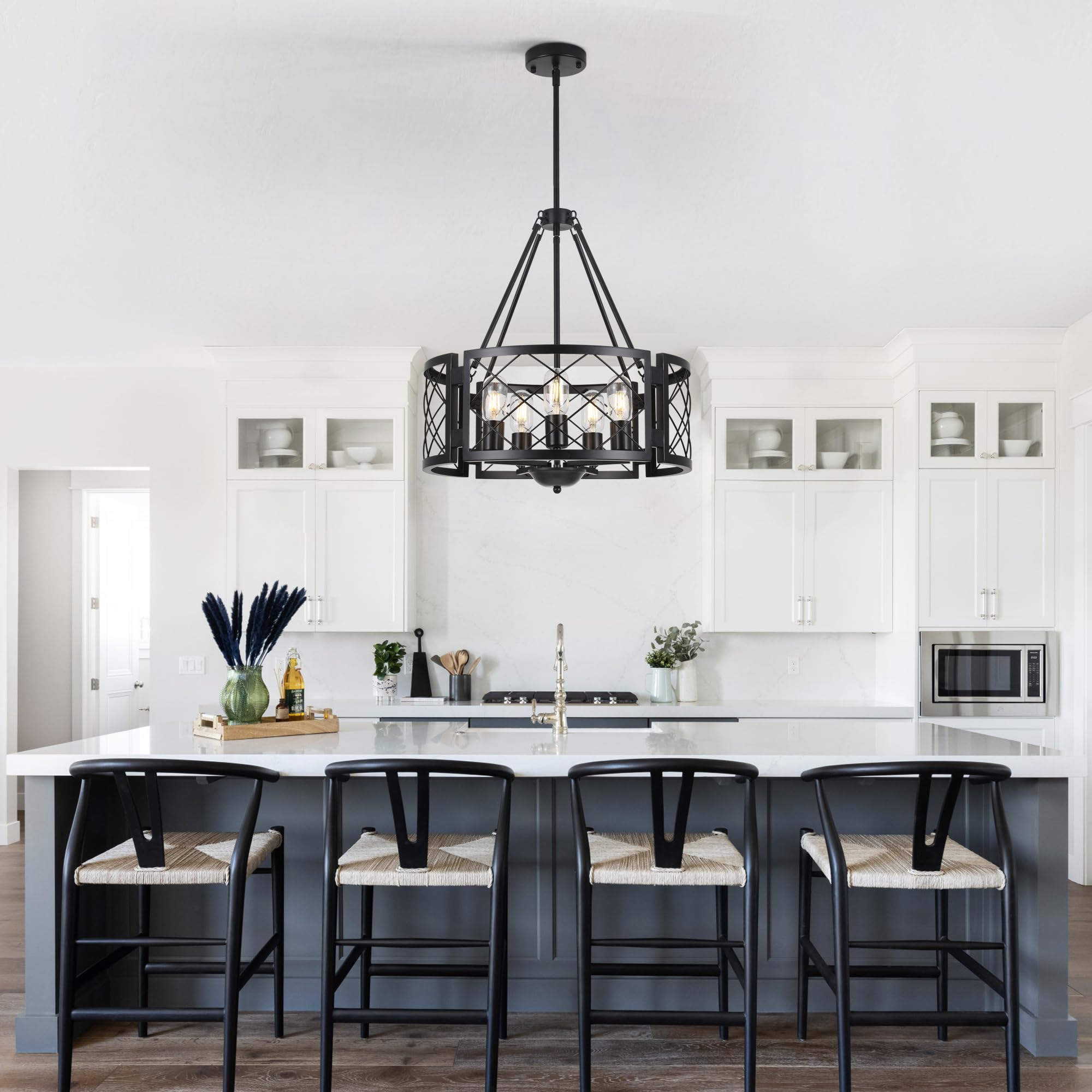 Sigaitwei 5-Light Black Farmhouse Chandelier, Adjustable Pendant Light, 18.9in for Dining Room, Kitchen, Entryway, Model 3c081119-6d54