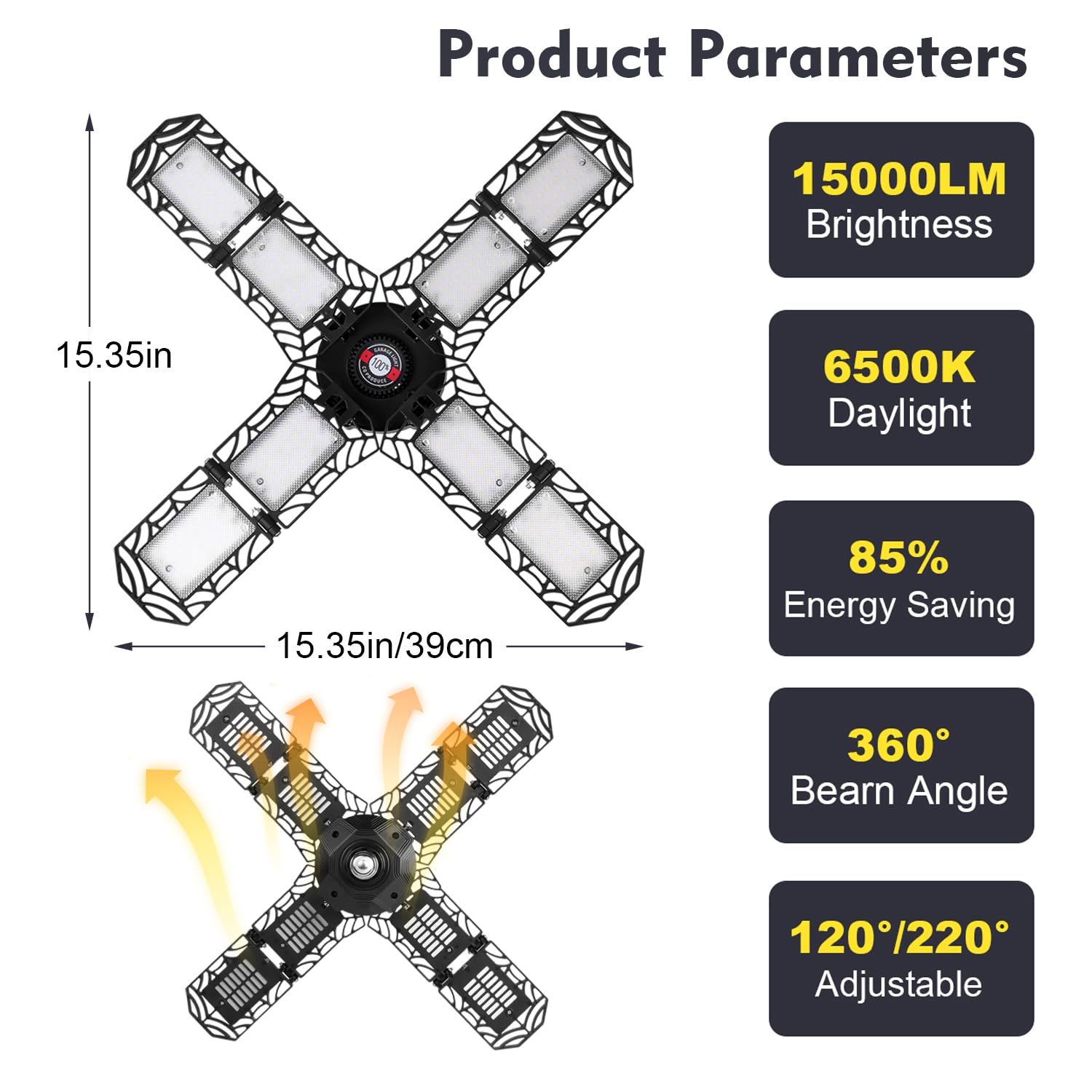 PINSAI LED Garage Light, 200W 20000 Lumen Deformable Ceiling Lamp, E26/E27, 8 Adjustable Panels, Black, Perfect for Workshop and Attic