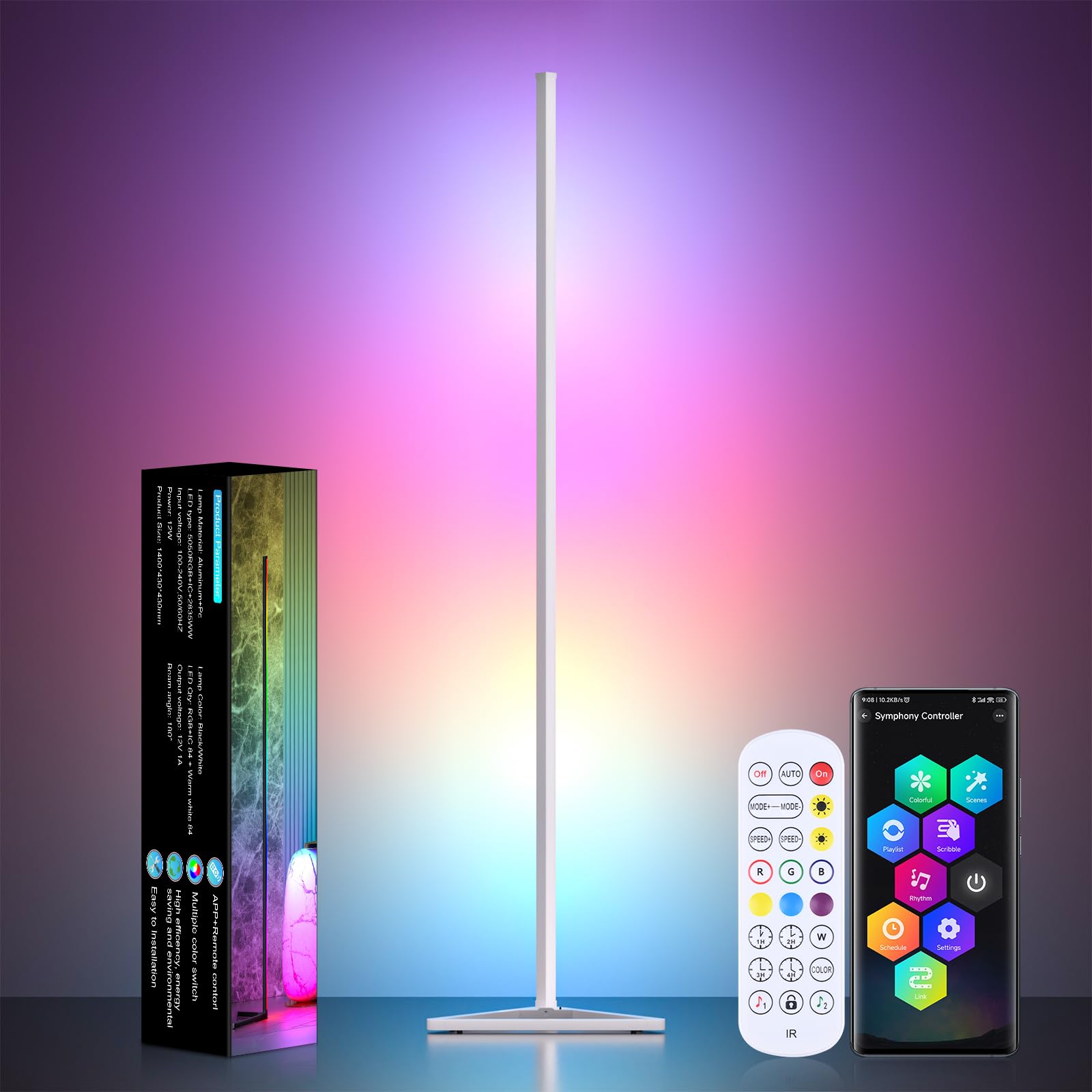 MIHEAL RGB Floor Lamp with Music Sync, 56in Aluminum Standing Lamp, Remote Control, 16 Million Colors, White, Model ZJ-BWCG-RGB-R24B1